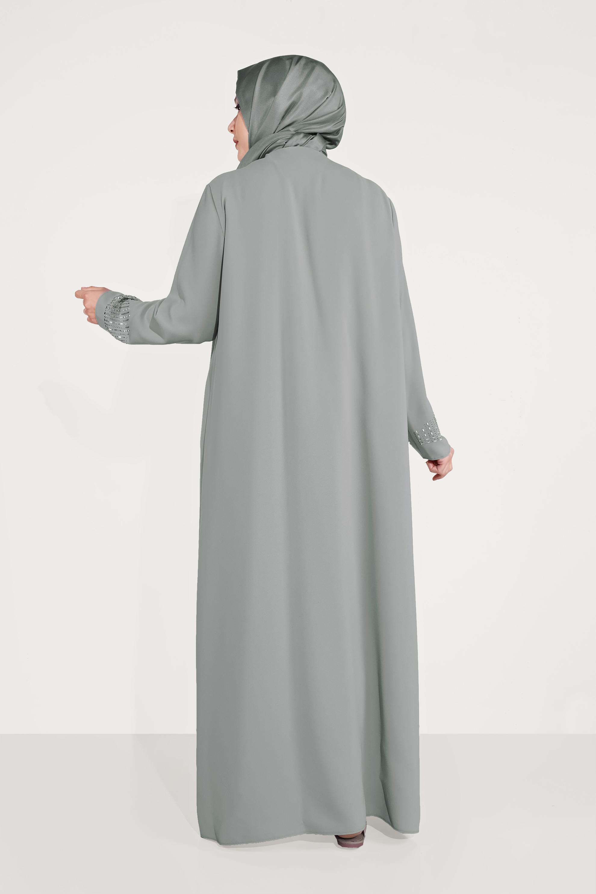 Tesettür giyim GRİ BONCUK İŞLEMELİ İKİLİ ELBİSELİ TAKIM 30019 