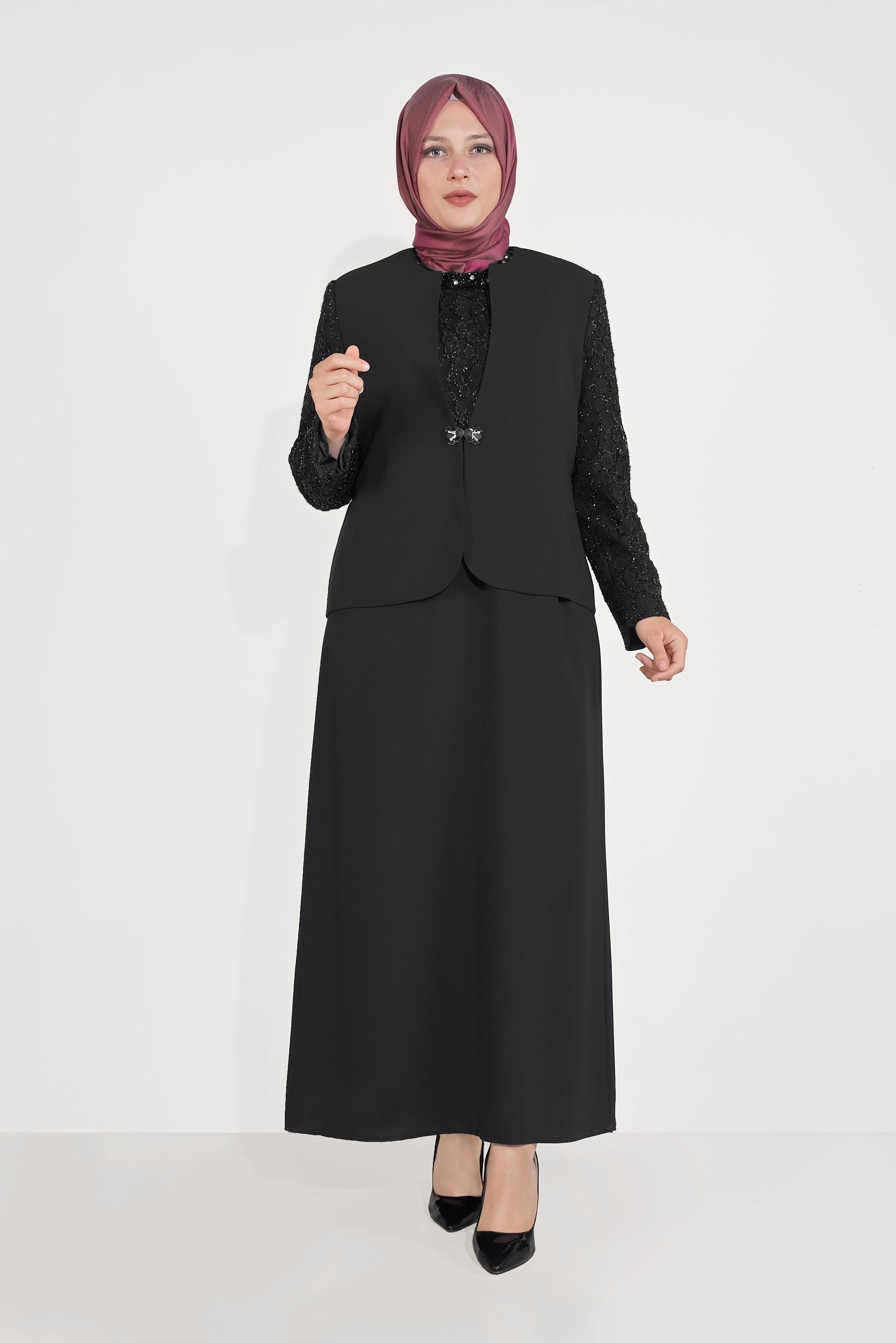 Vêtements hijab NOIR ROBE & VESTE AGRAFE À DEVANT 30041 