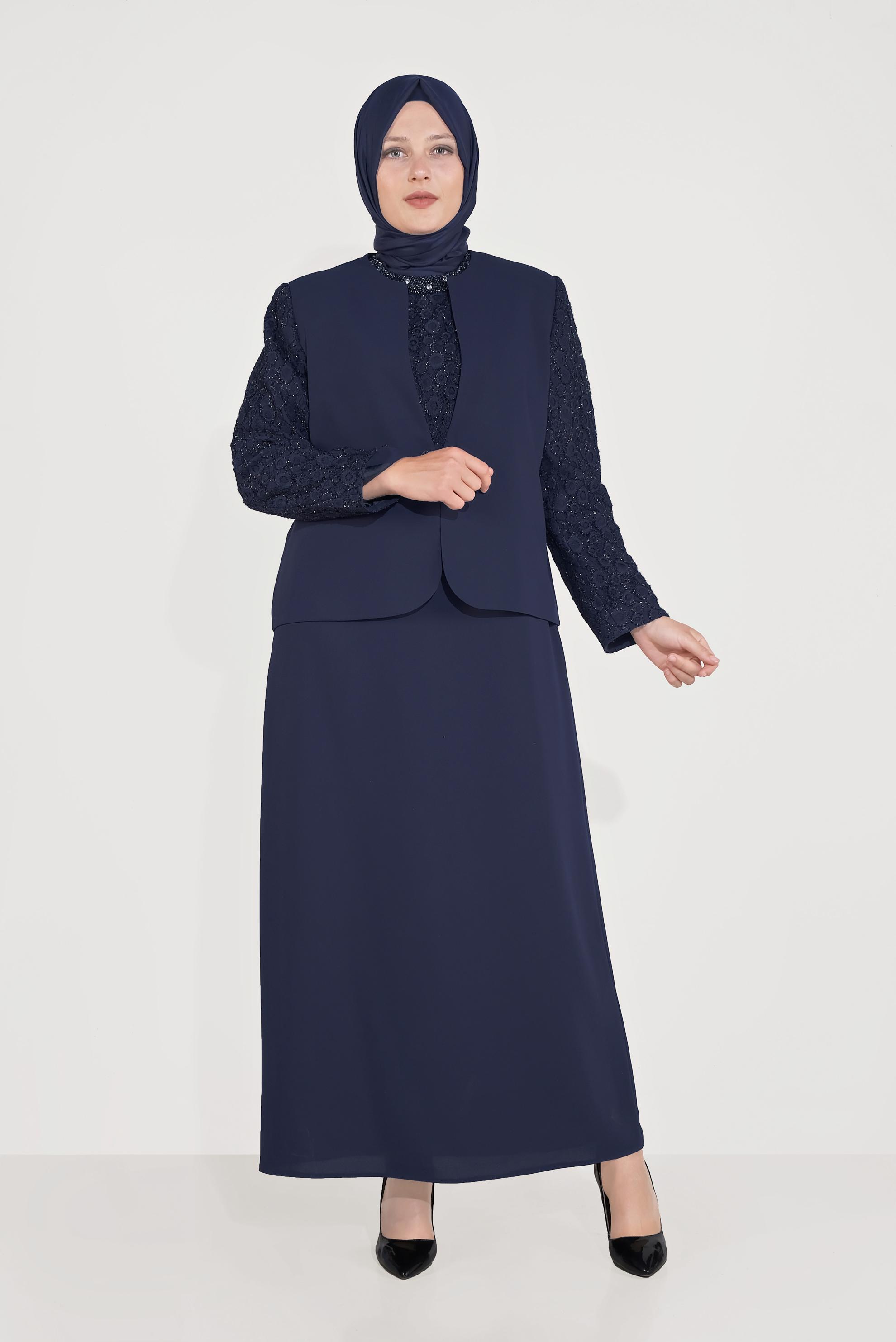 Tesettür giyim LACİVERT KUMAŞ MİX  CEKETLİ ELBİSELİ TAKIM 30041