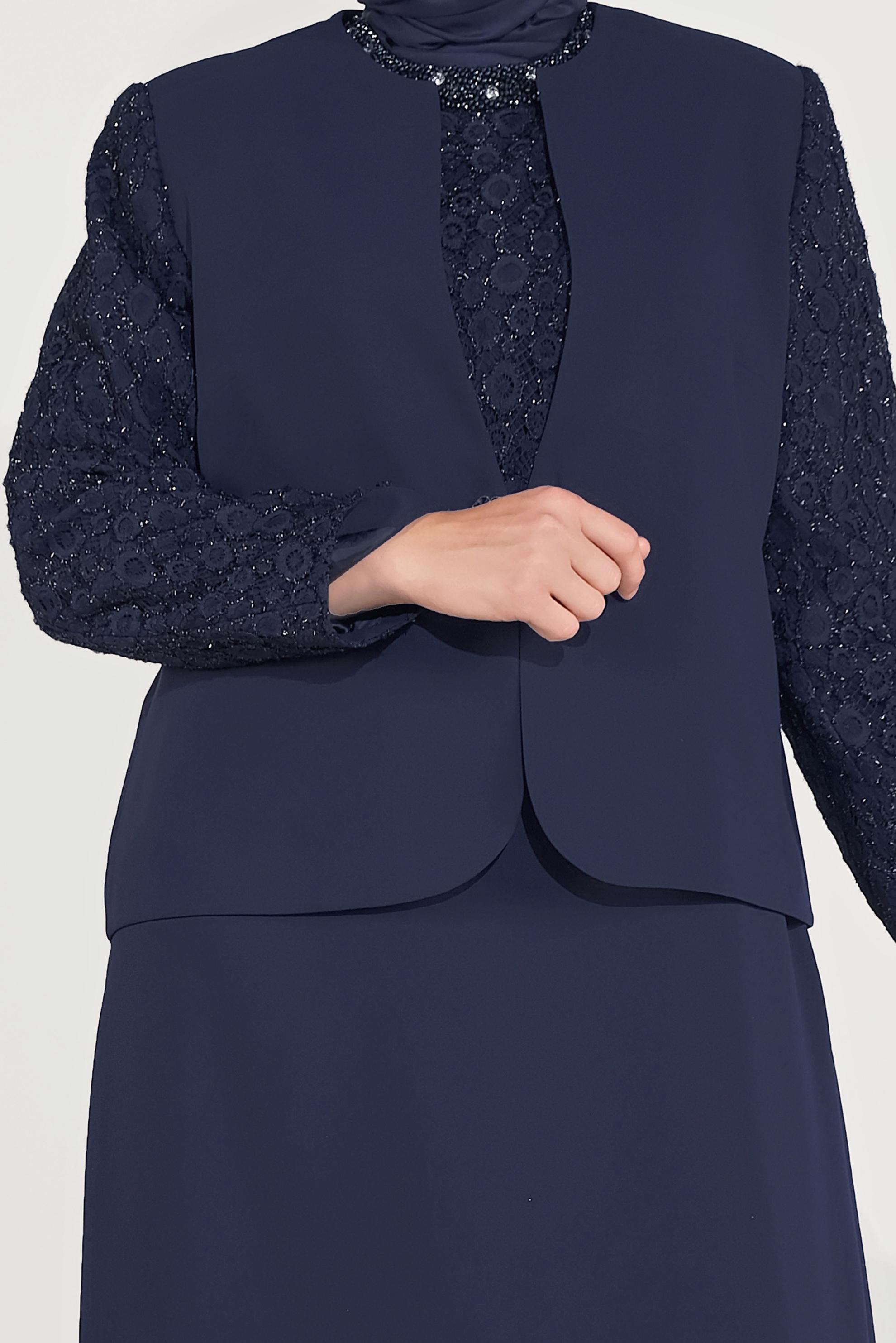 Tesettür giyim LACİVERT KUMAŞ MİX  CEKETLİ ELBİSELİ TAKIM 30041