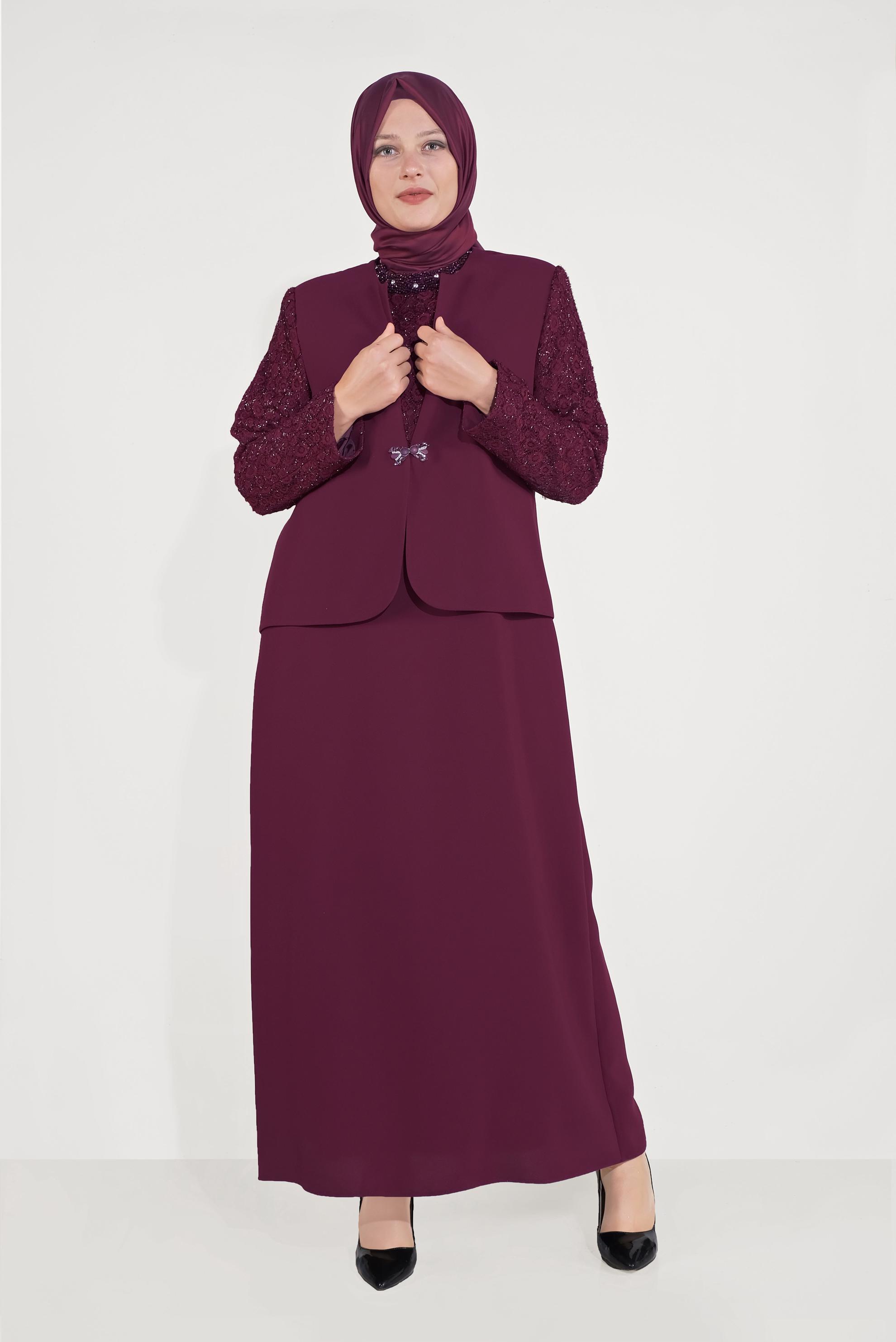 Tesettür giyim BORDO KUMAŞ MİX  CEKETLİ ELBİSELİ TAKIM 30041