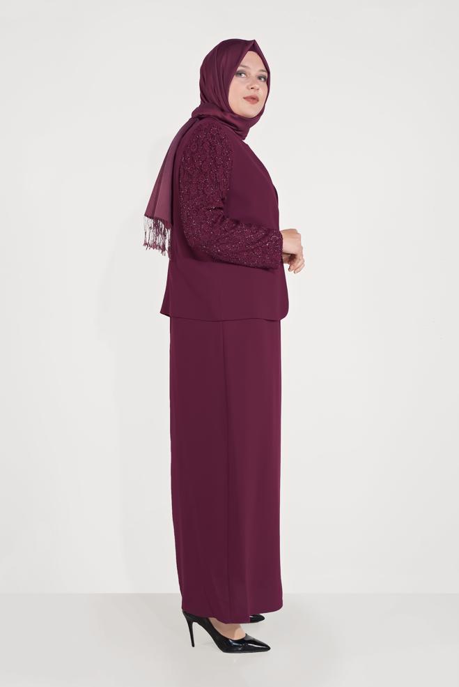 Vêtements hijab ROUGE BORDEAUX ROBE & VESTE AGRAFE À DEVANT 30041  - ALVİNA