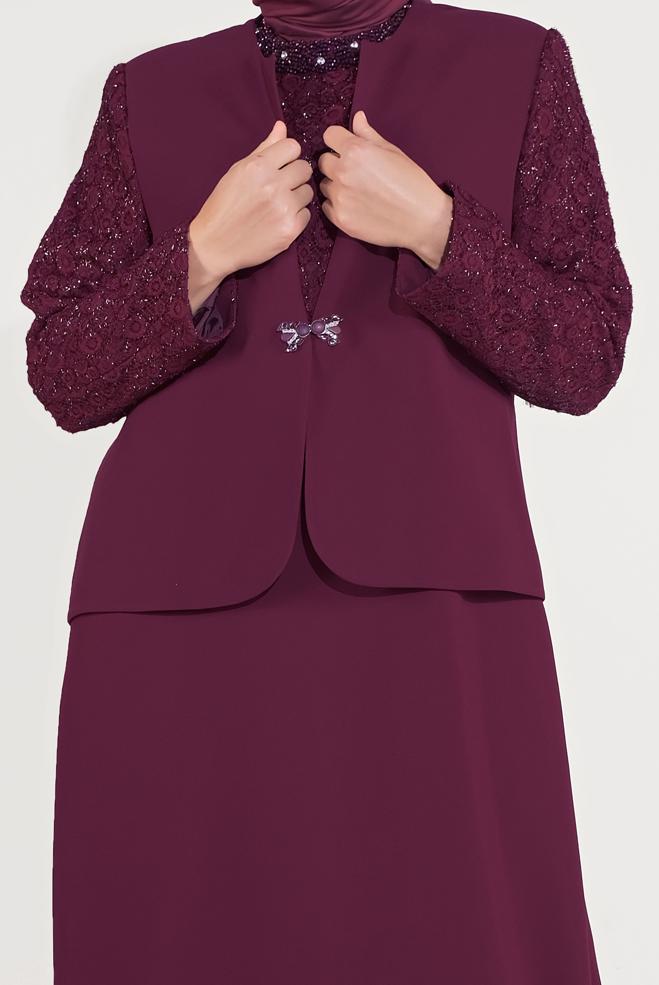 Vêtements hijab ROUGE BORDEAUX ROBE & VESTE AGRAFE À DEVANT 30041  - ALVİNA