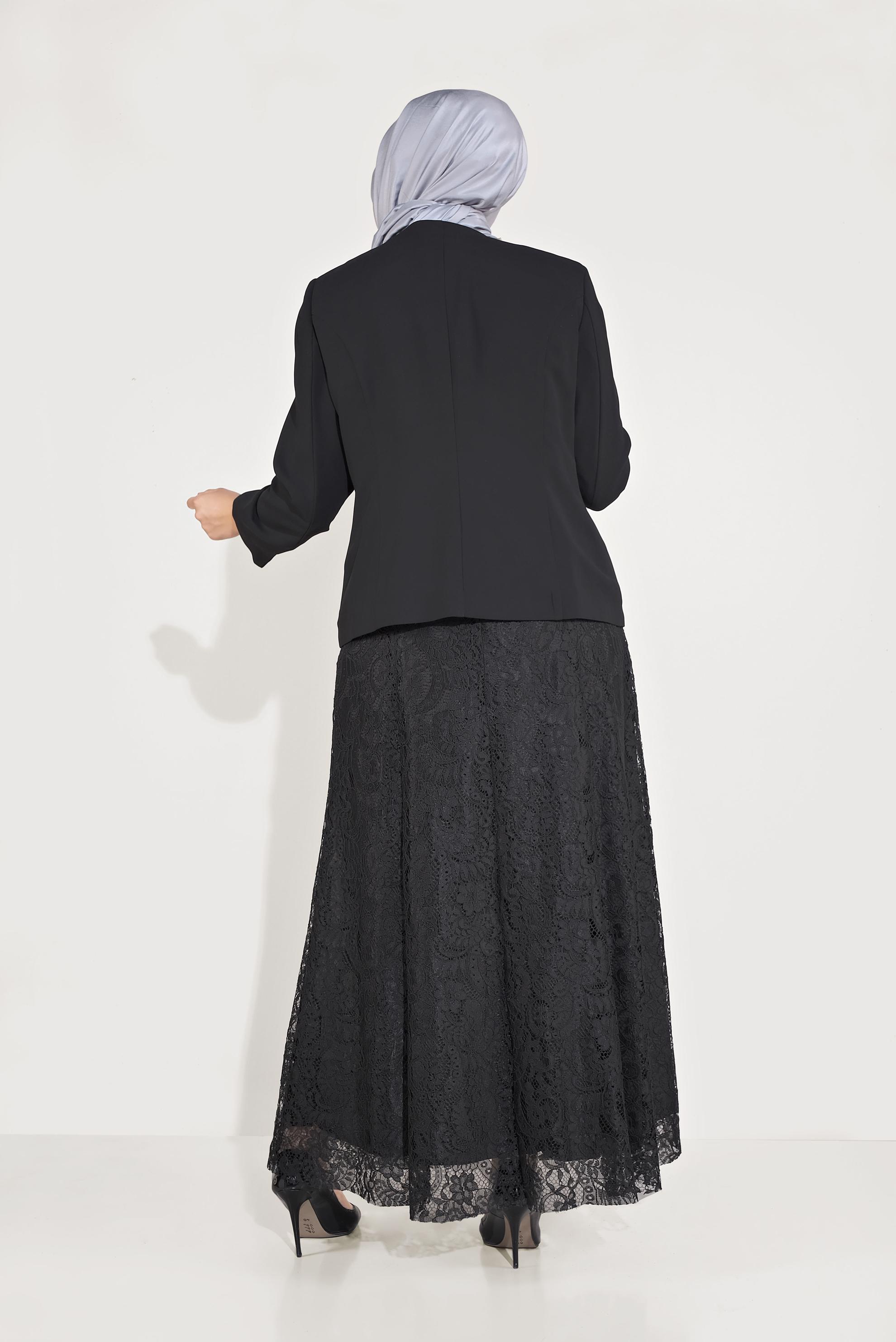 Tesettür giyim SİYAH DANTELLİ TAŞLI İKİLİ ELBİSELİ TAKIM 30052 
