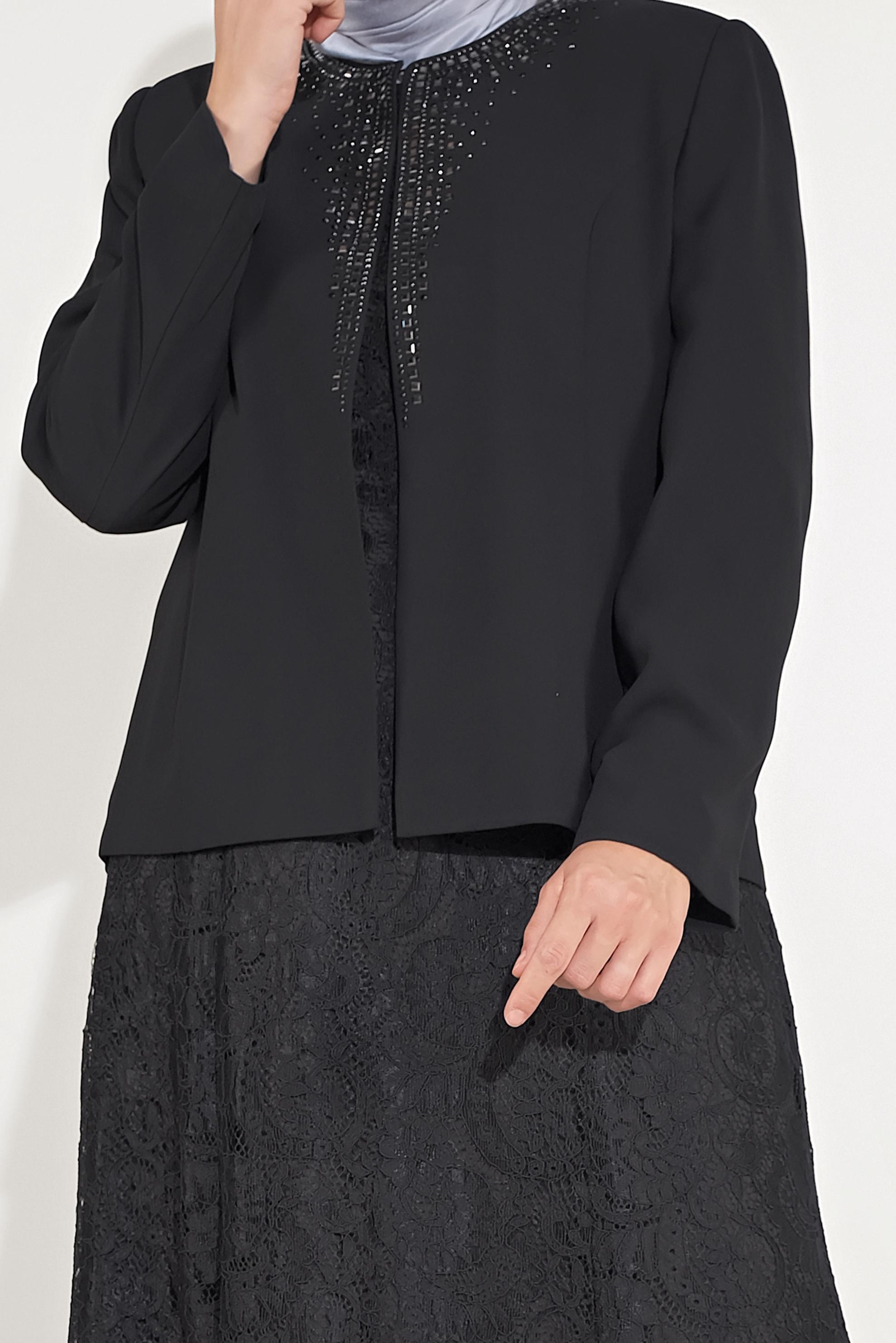 Tesettür giyim SİYAH DANTELLİ TAŞLI İKİLİ ELBİSELİ TAKIM 30052 