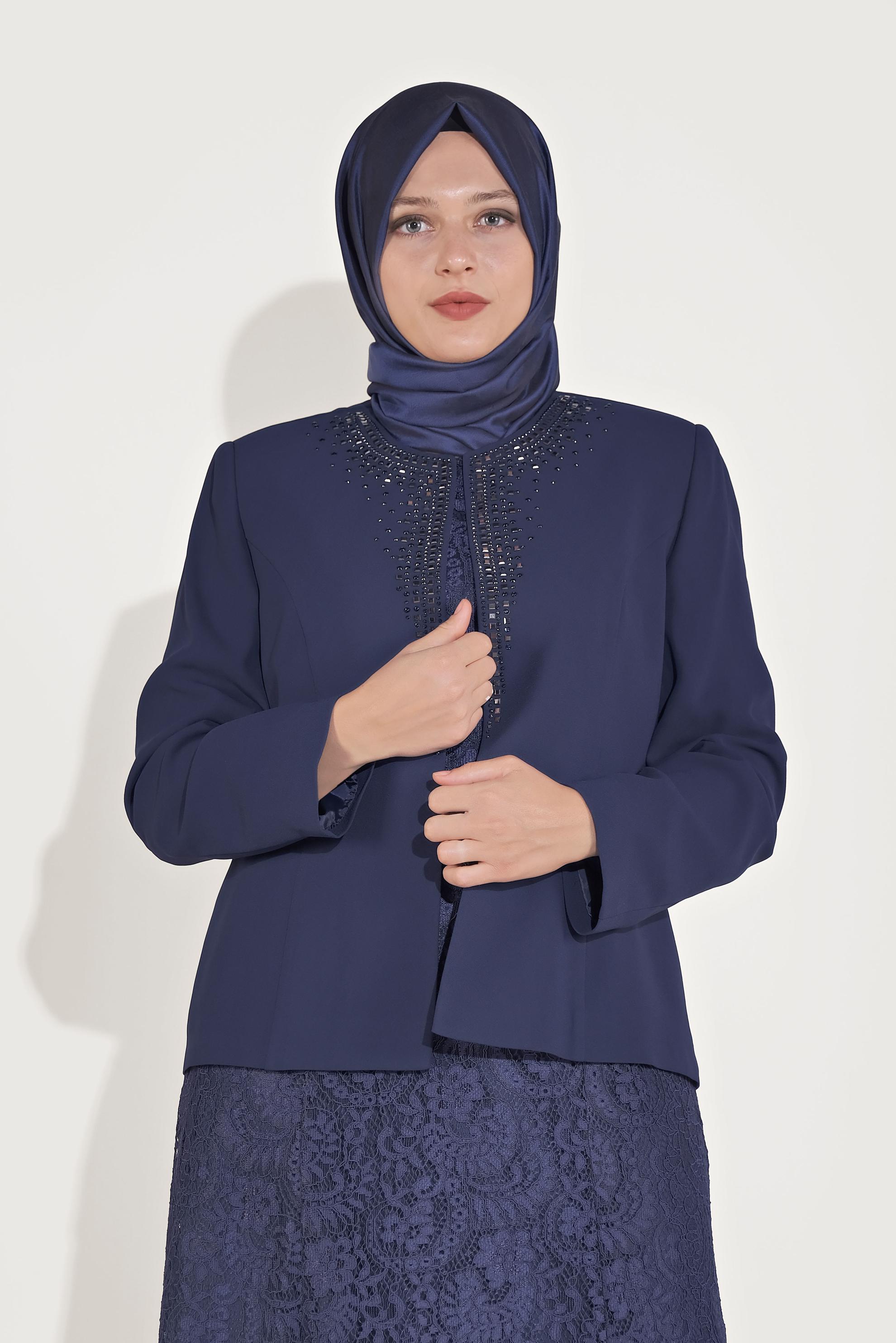 Tesettür giyim LACİVERT DANTELLİ TAŞLI İKİLİ ELBİSELİ TAKIM 30052 