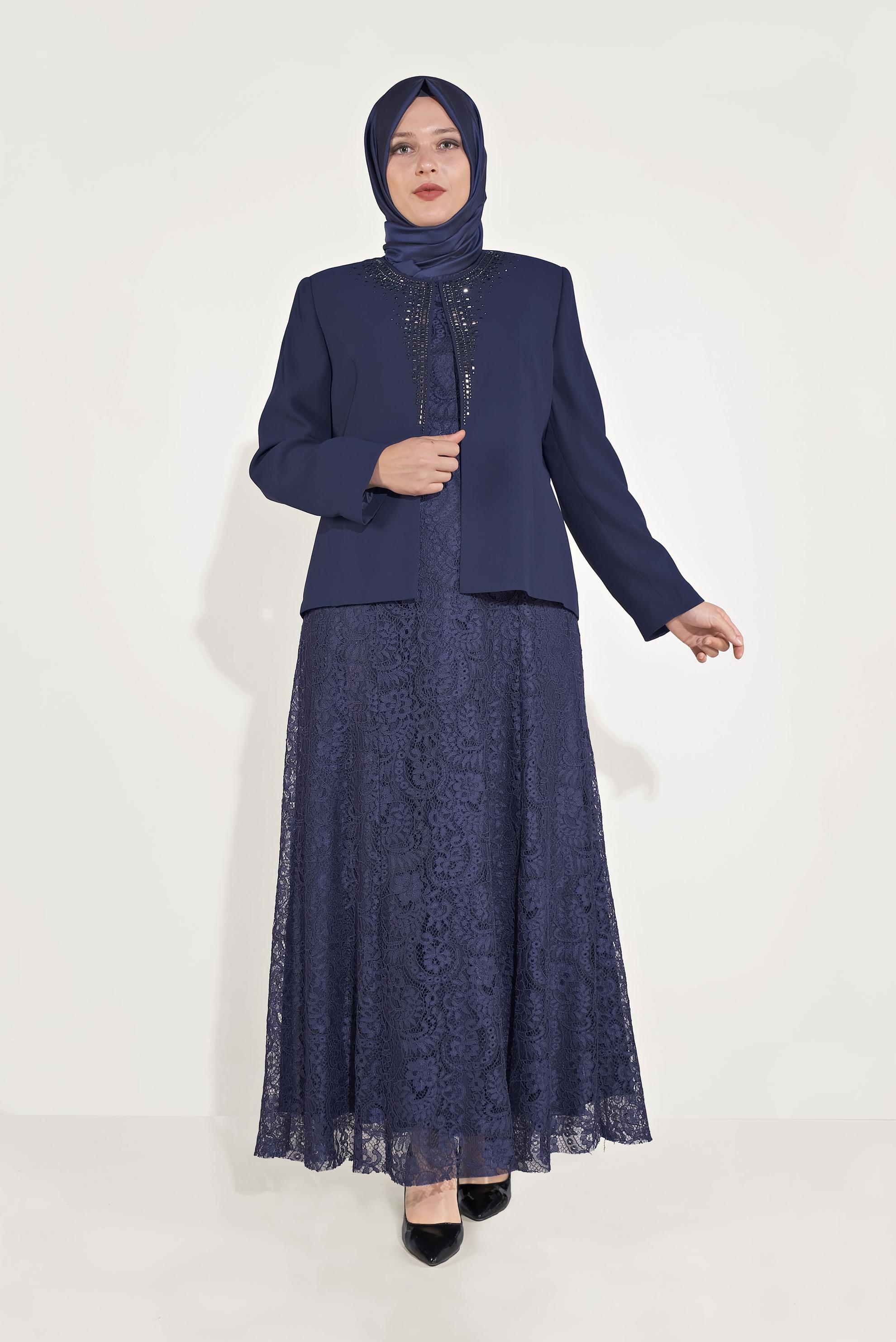 Tesettür giyim LACİVERT DANTELLİ TAŞLI İKİLİ ELBİSELİ TAKIM 30052 
