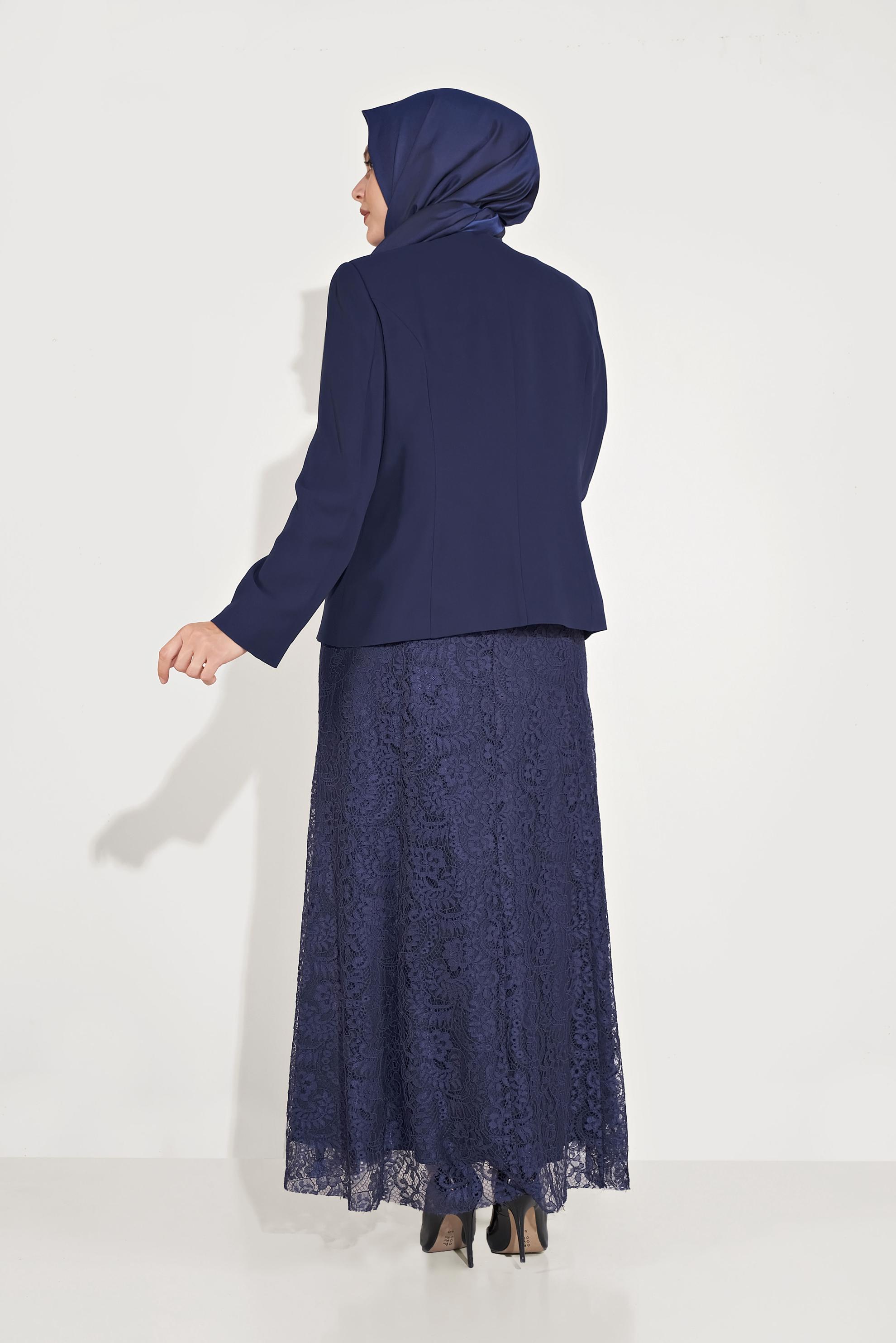 Tesettür giyim LACİVERT DANTELLİ TAŞLI İKİLİ ELBİSELİ TAKIM 30052 
