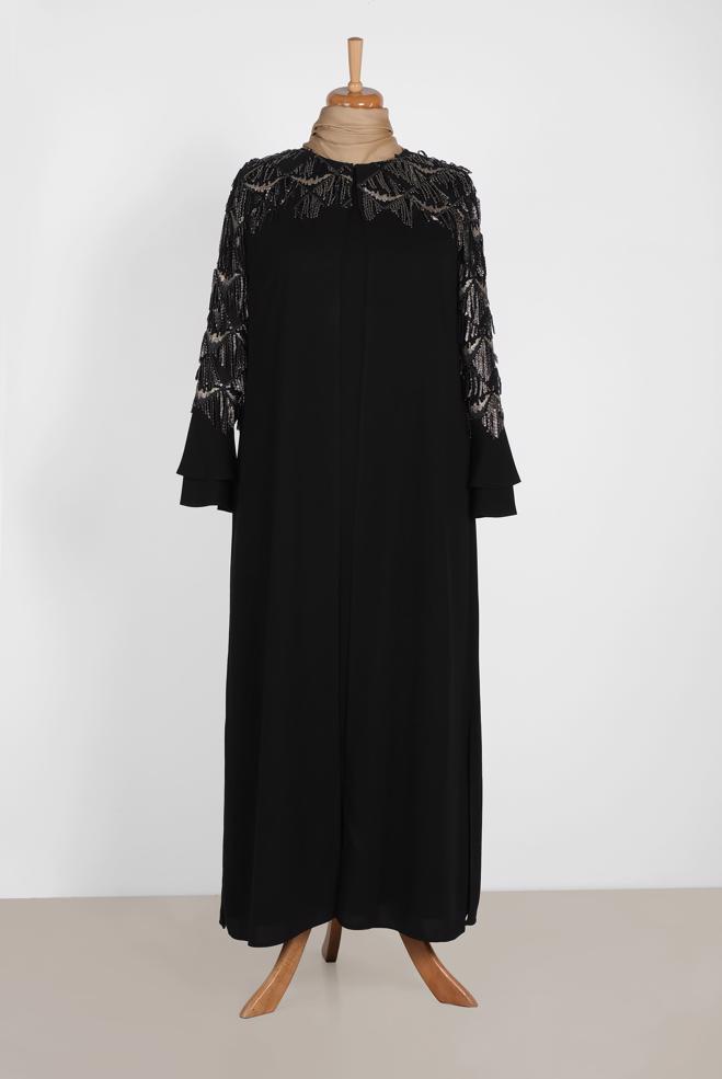 Vêtements hijab NOIR COSTUME ROBE 2 PIÈCES DÉTAIL PAILLETTES 3548 - ALVİNA