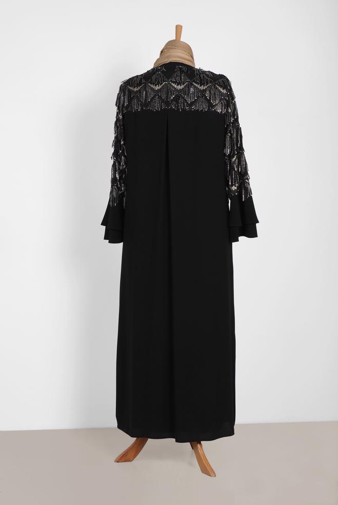 Vêtements hijab NOIR COSTUME ROBE 2 PIÈCES DÉTAIL PAILLETTES 3548 - ALVİNA