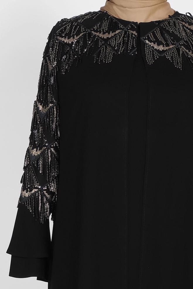 Vêtements hijab NOIR COSTUME ROBE 2 PIÈCES DÉTAIL PAILLETTES 3548 - ALVİNA