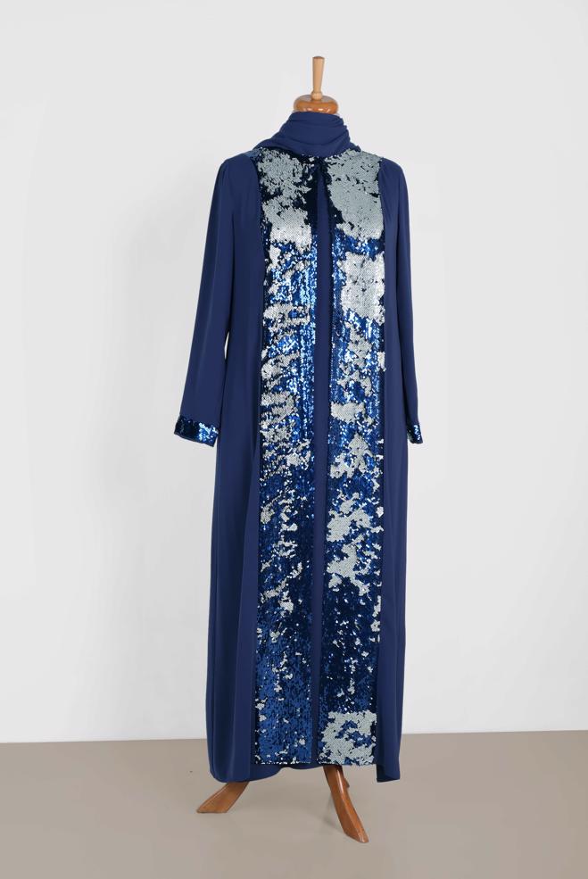 Vêtements hijab BLEU MARINE TAILLEUR ROBE À SEQUINS 3550 - ALVİNA