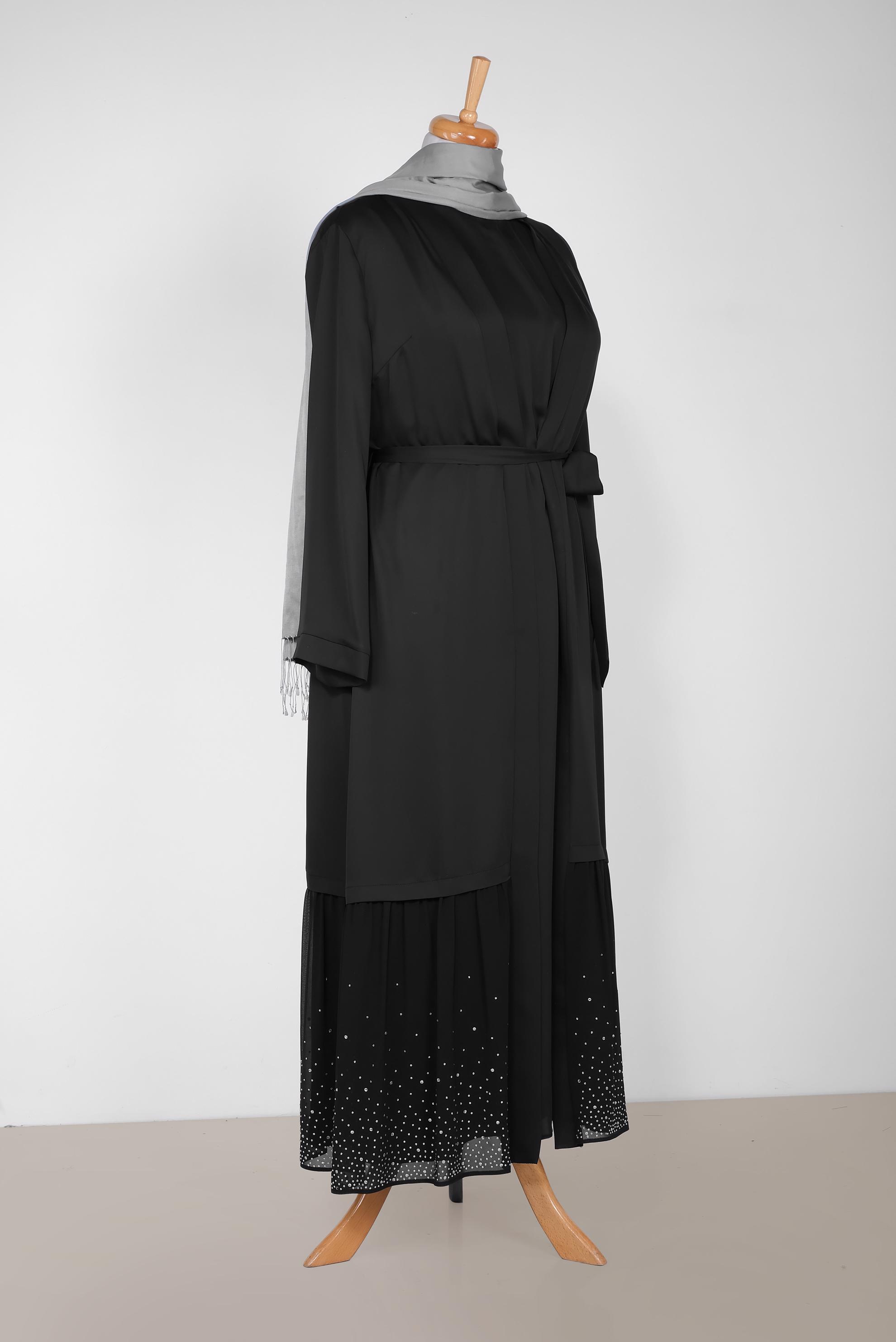 Hijab clothing BLACK BELTED 2-PIECE DRESS SUIT WITH EMBELLISHED HEM 3552 