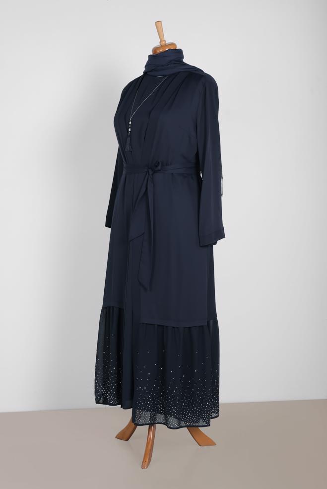 Vêtements hijab BLEU MARINE COSTUME 2 PIÈCES AVEC CEINTURE OURLET EMBELLI 3552 - ALVİNA