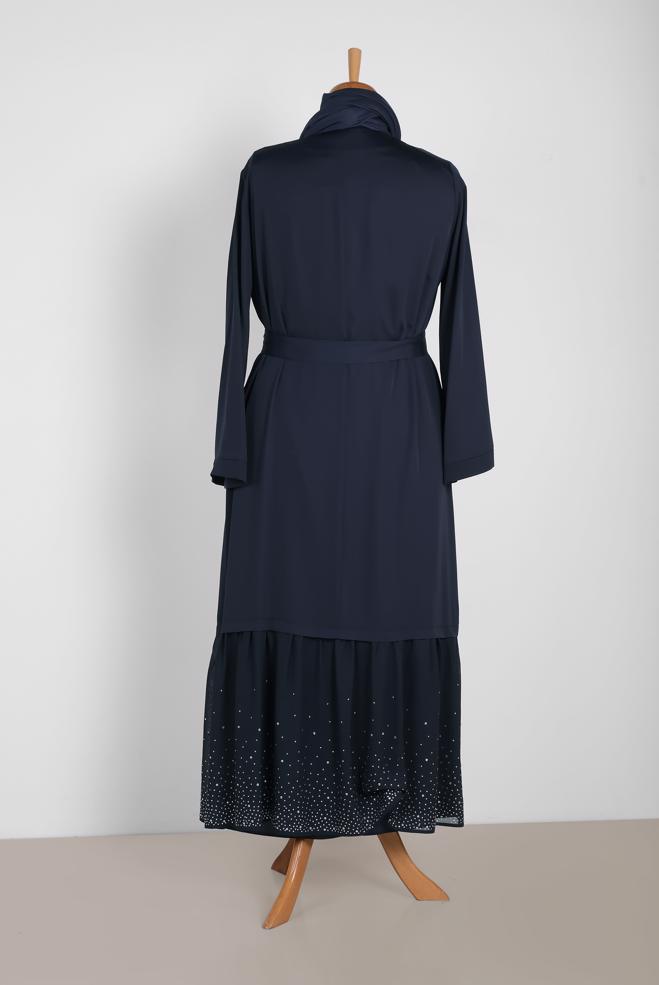 Vêtements hijab BLEU MARINE COSTUME 2 PIÈCES AVEC CEINTURE OURLET EMBELLI 3552 - ALVİNA