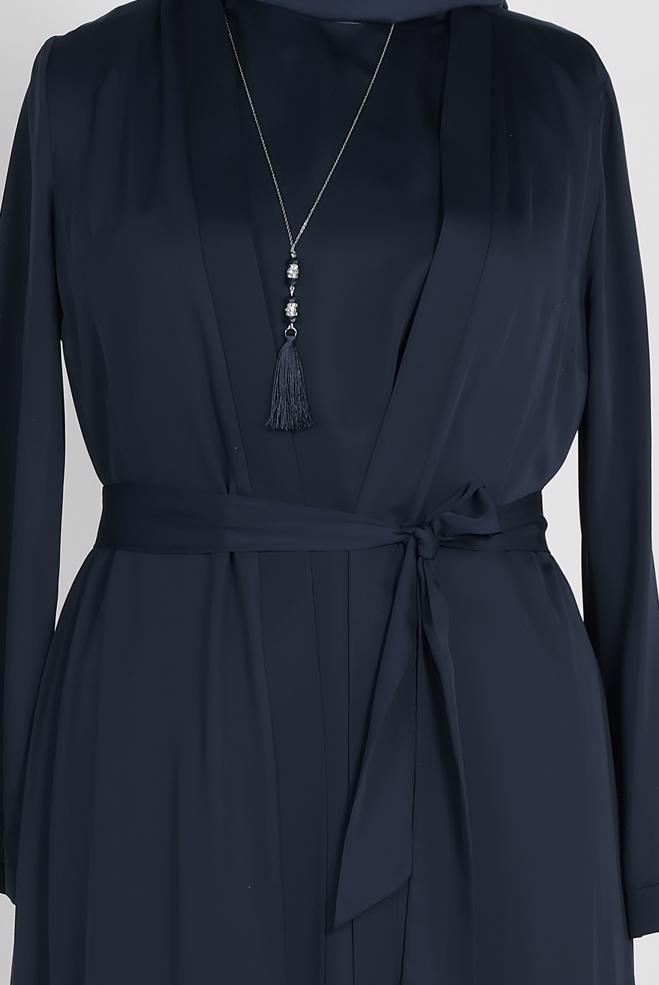 Vêtements hijab BLEU MARINE COSTUME 2 PIÈCES AVEC CEINTURE OURLET EMBELLI 3552 - ALVİNA