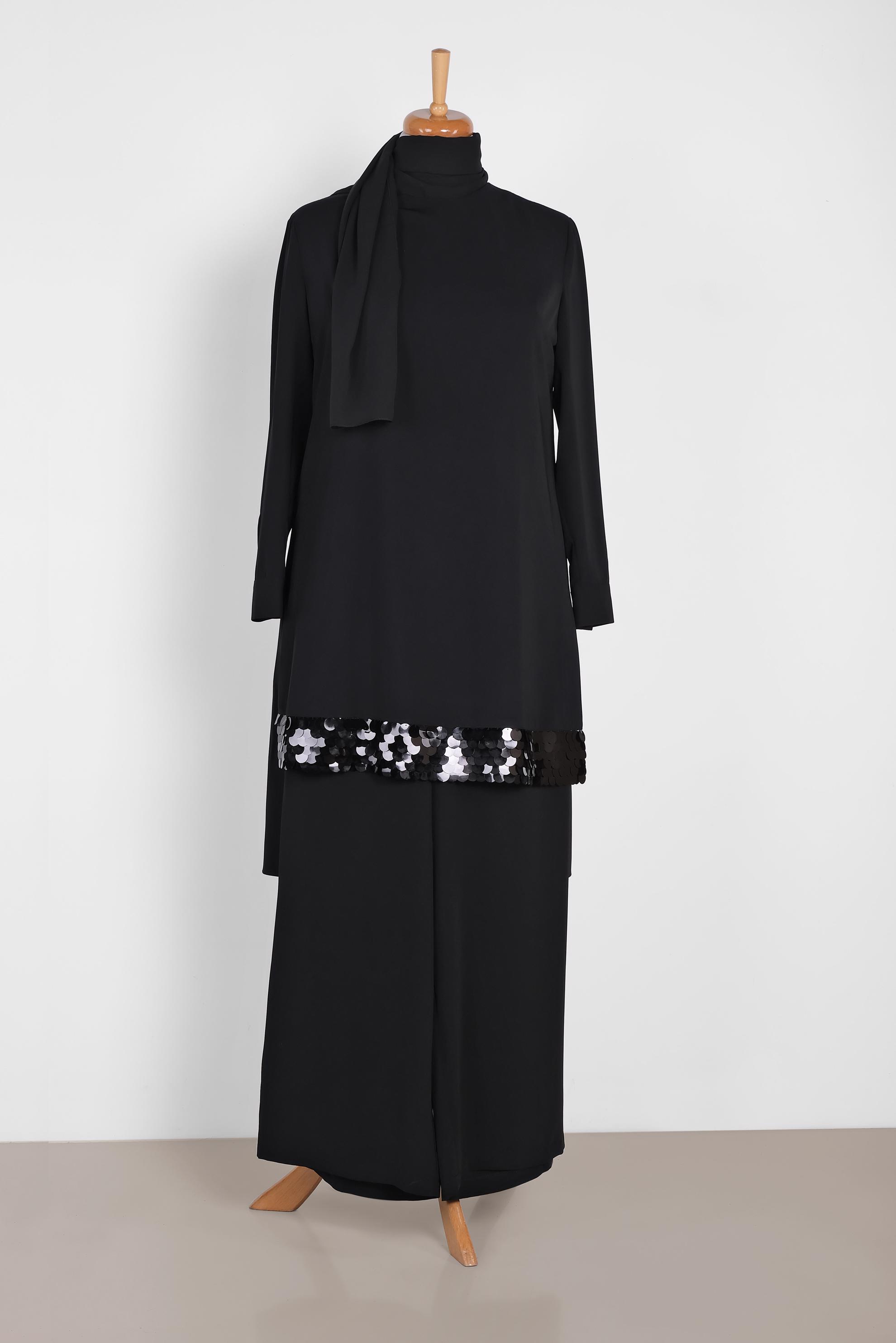 Hijab clothing BLACK SEQUIN DETAIL 2-PIECE PANTS SUIT 2853 