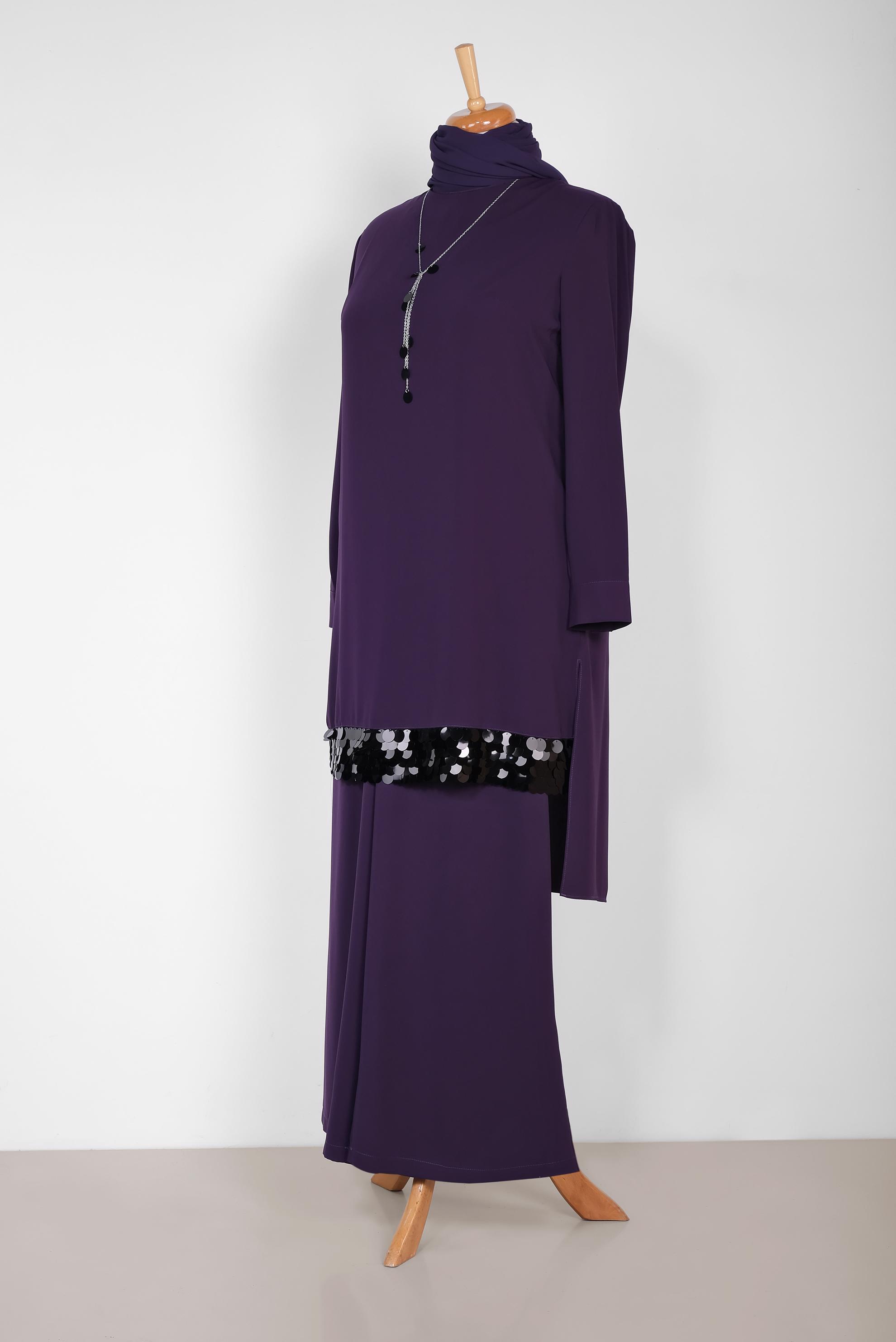 Tesettür giyim MOR PUL PAYET DETAYLI İKİLİ PANT. TAKIM 2853 