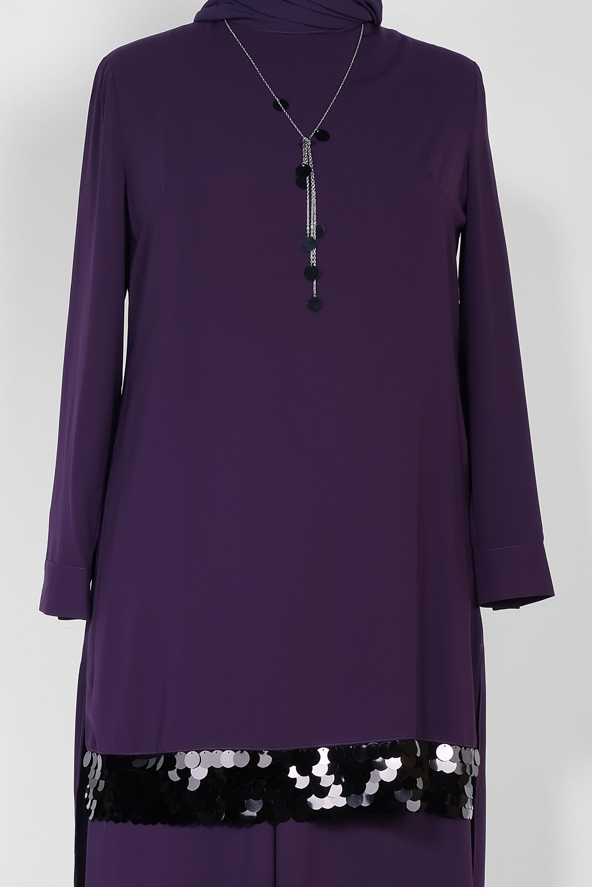 Tesettür giyim MOR PUL PAYET DETAYLI İKİLİ PANT. TAKIM 2853 