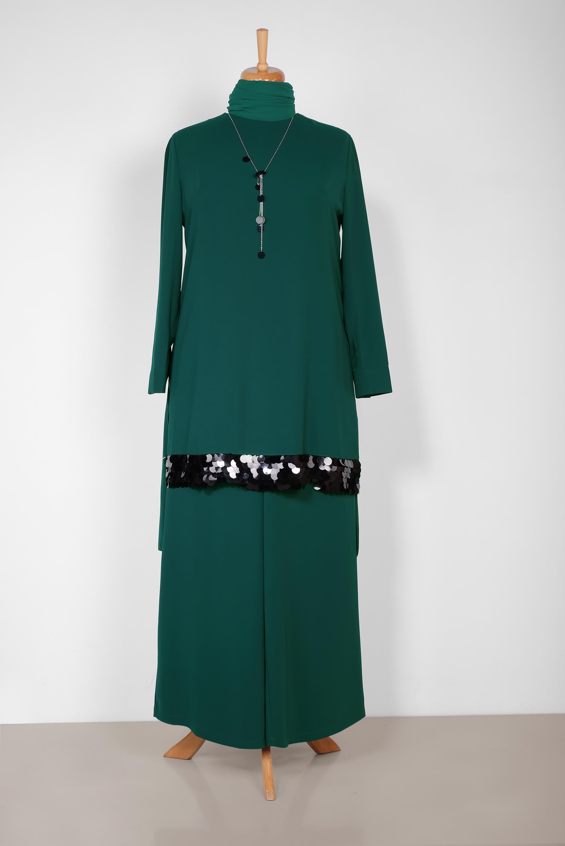 Tesettür giyim YEŞİL PUL PAYET DETAYLI İKİLİ PANT. TAKIM 2853 