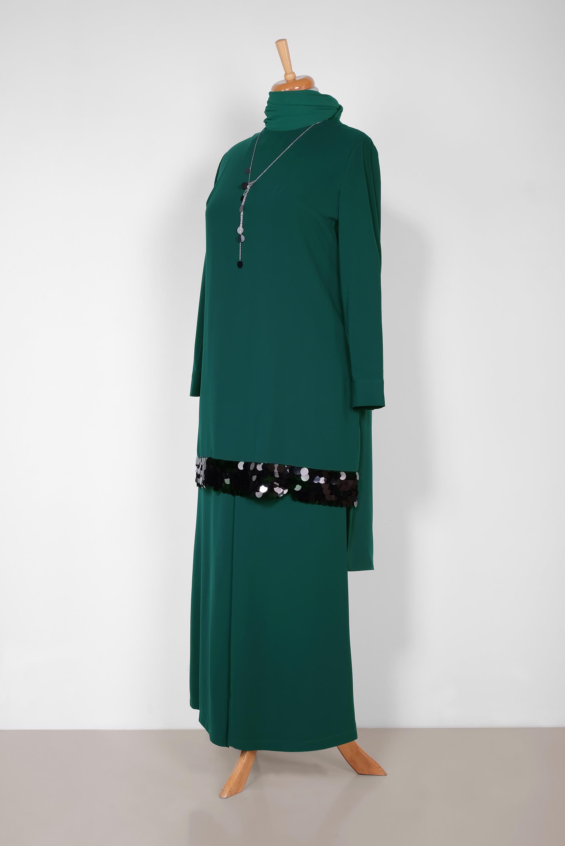 Tesettür giyim YEŞİL PUL PAYET DETAYLI İKİLİ PANT. TAKIM 2853 