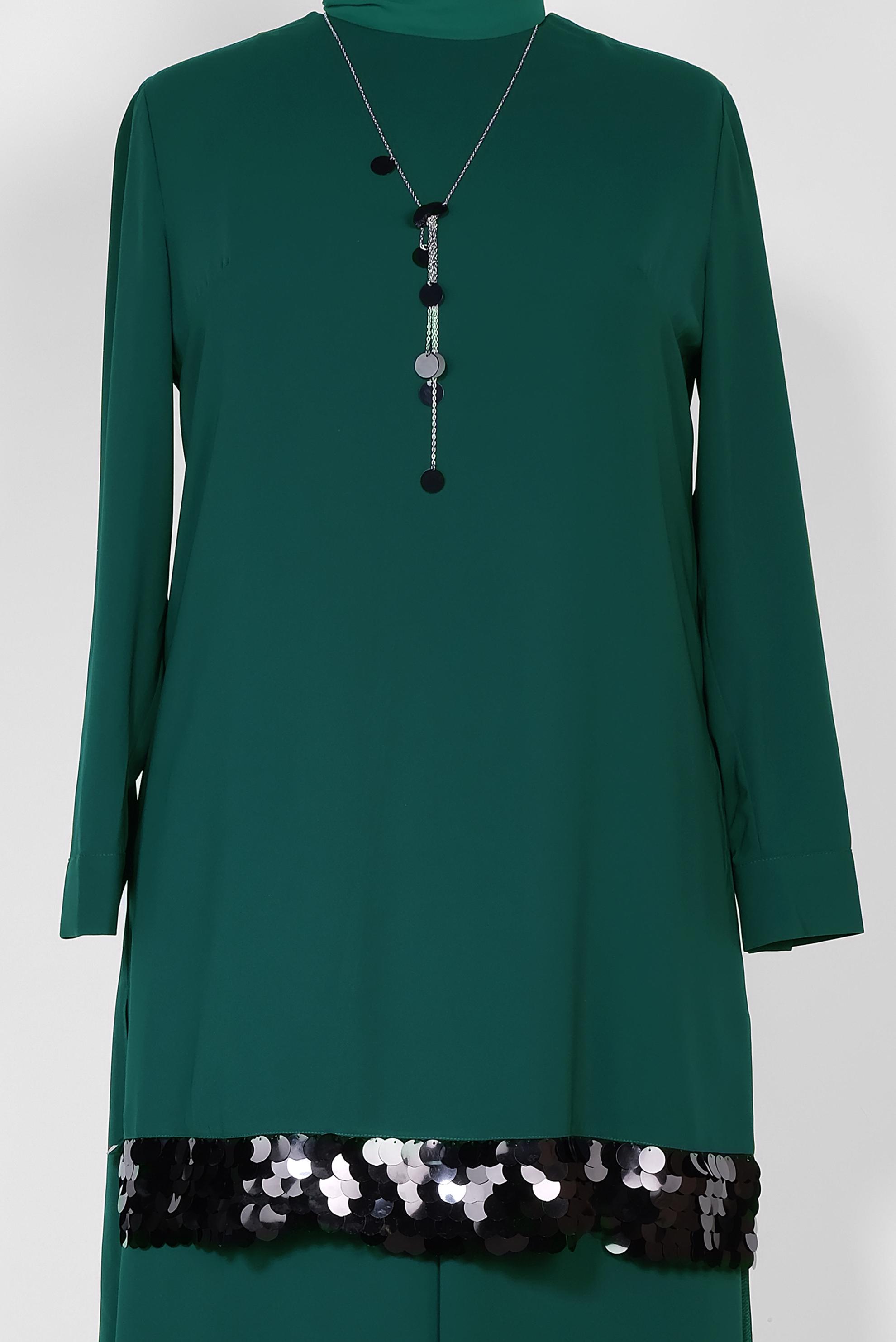 Tesettür giyim YEŞİL PUL PAYET DETAYLI İKİLİ PANT. TAKIM 2853 