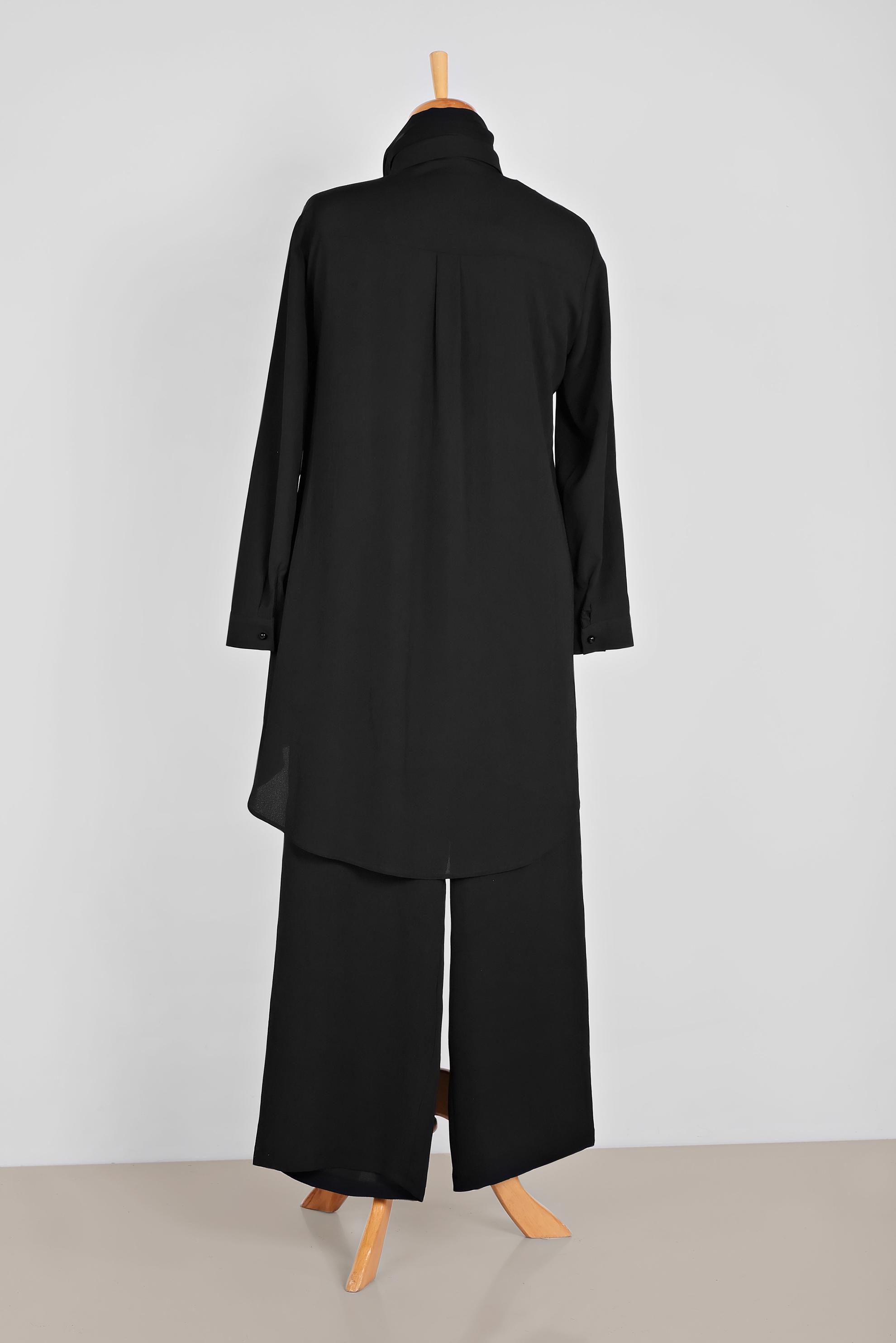 Tesettür giyim SİYAH YAKASI BROŞLU PANTOLONLU TAKIM 2854