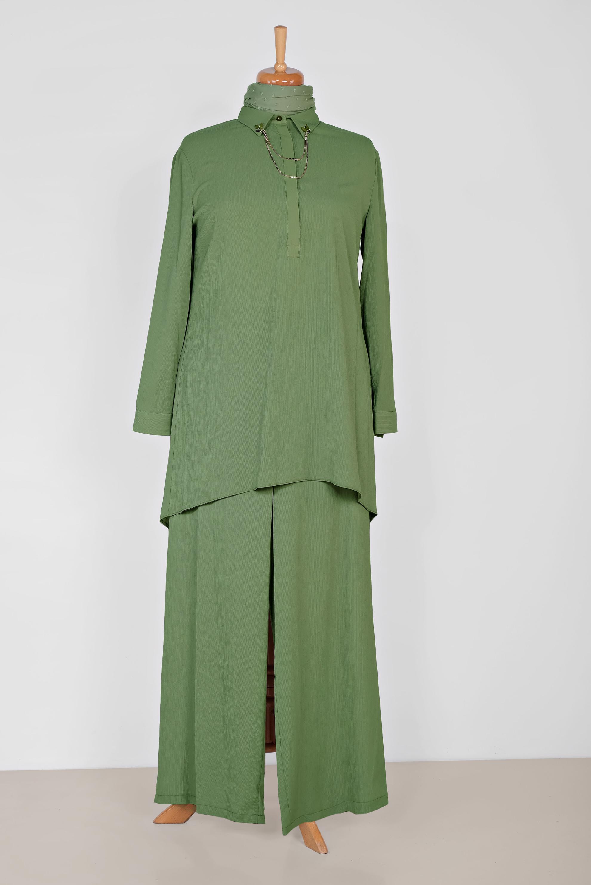 Hijab clothing KHAKI PANTS SUIT WITH BROOCH 2854 