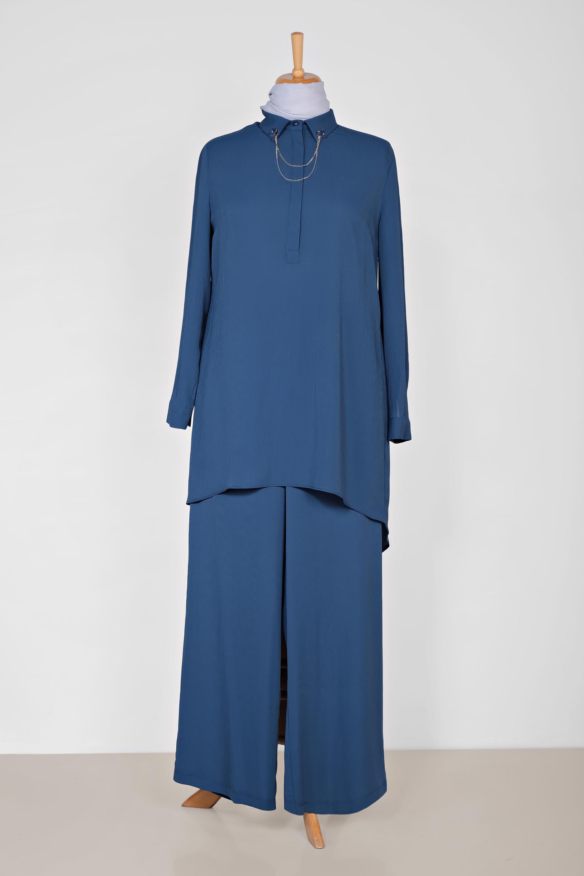 Tesettür giyim LACİVERT YAKASI BROŞLU PANTOLONLU TAKIM 2854