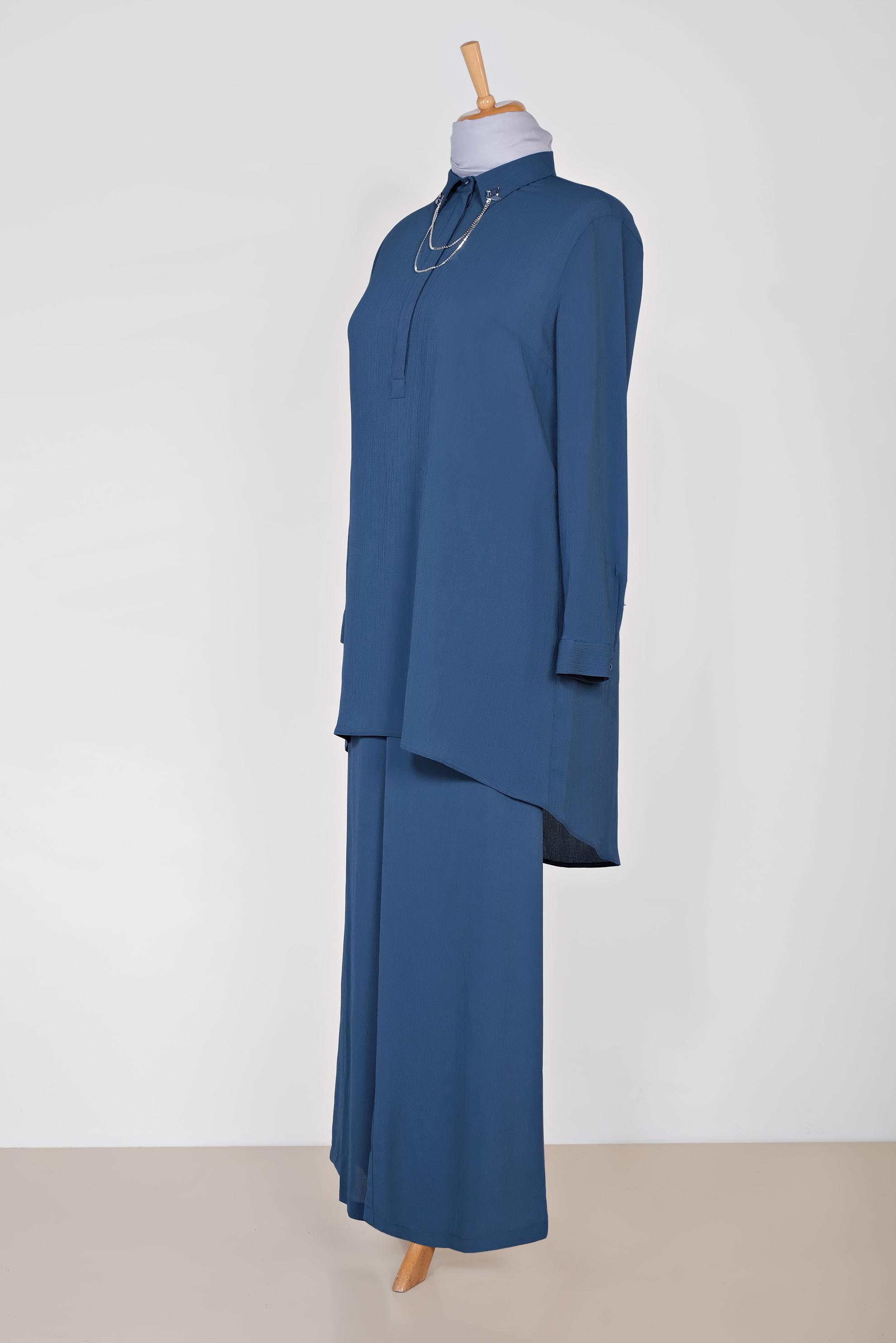 Tesettür giyim LACİVERT YAKASI BROŞLU PANTOLONLU TAKIM 2854