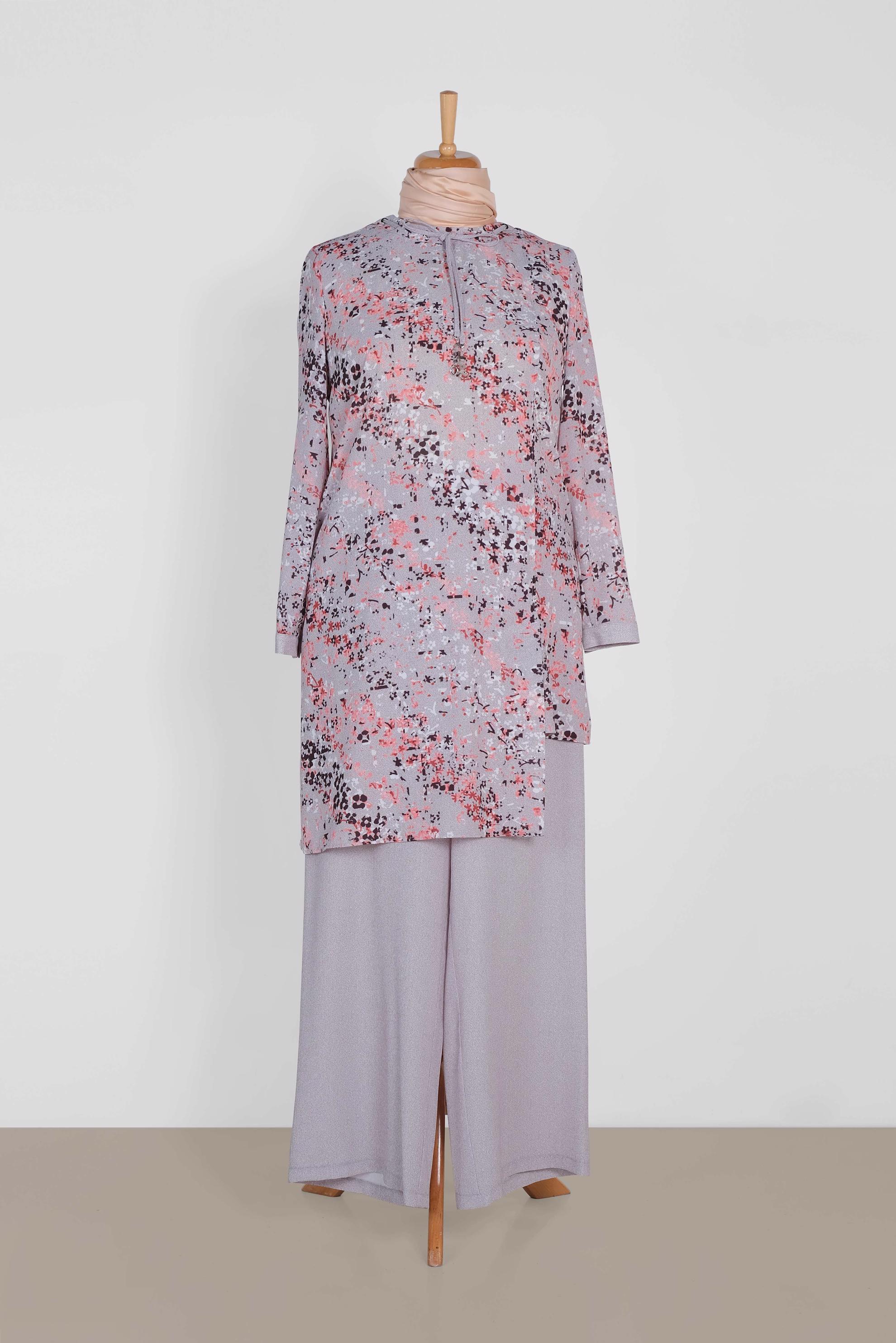 Tesettür giyim GRİ ÇİÇEK DESENLİ ASİMETRİK PANTOLONLU TAKIM 2869