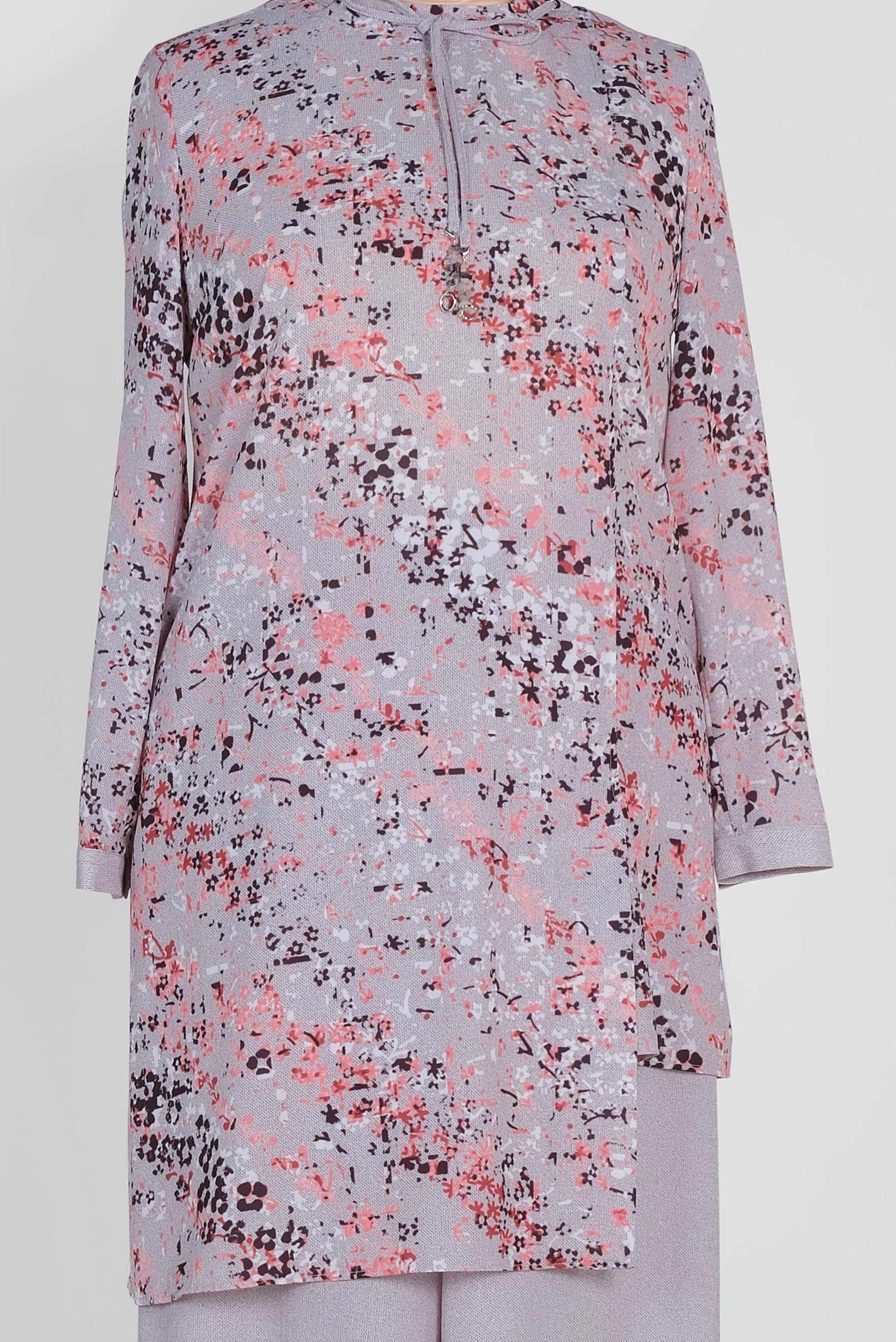 Tesettür giyim GRİ ÇİÇEK DESENLİ ASİMETRİK PANTOLONLU TAKIM 2869