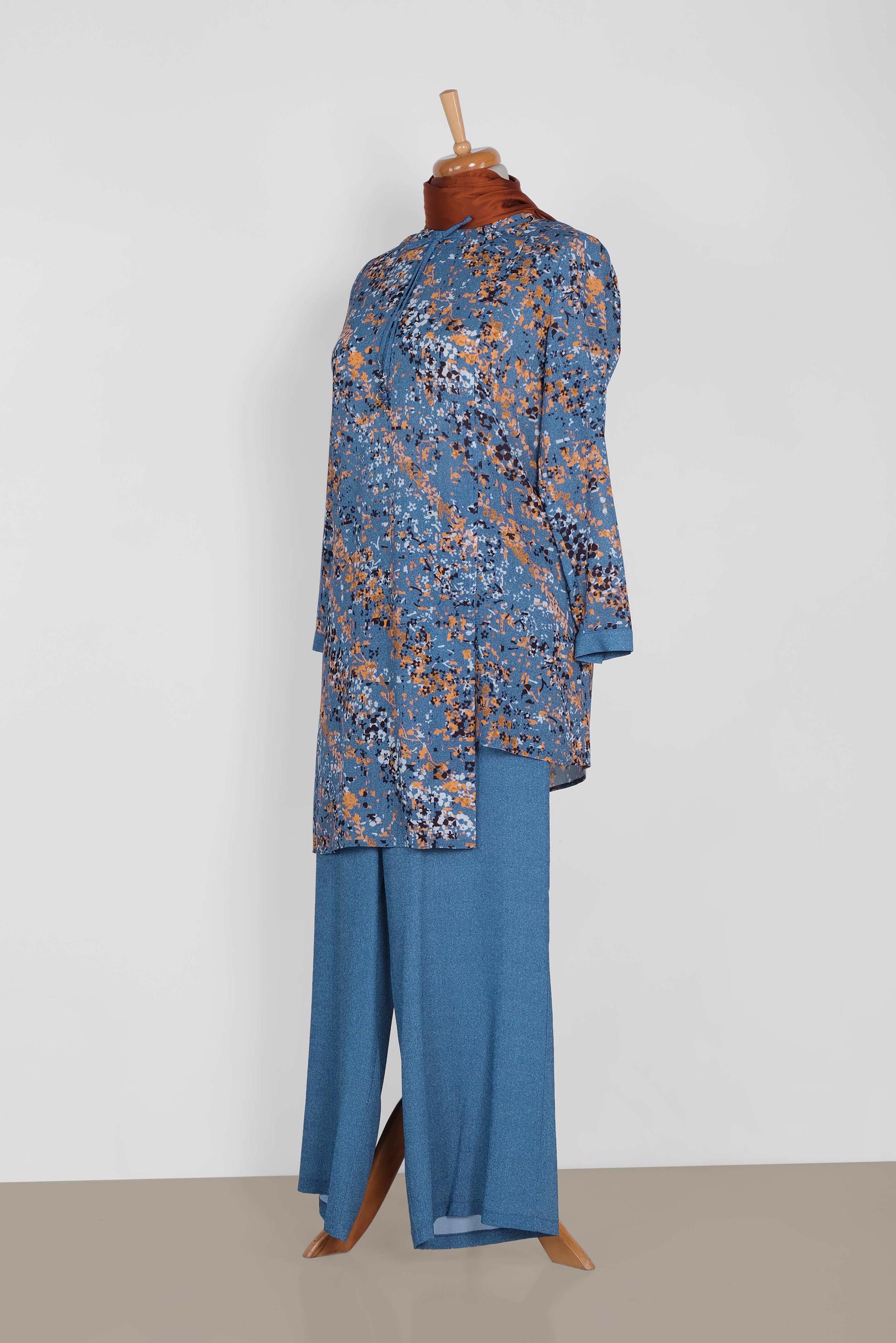 Tesettür giyim LACİVERT ÇİÇEK DESENLİ ASİMETRİK PANTOLONLU TAKIM 2869