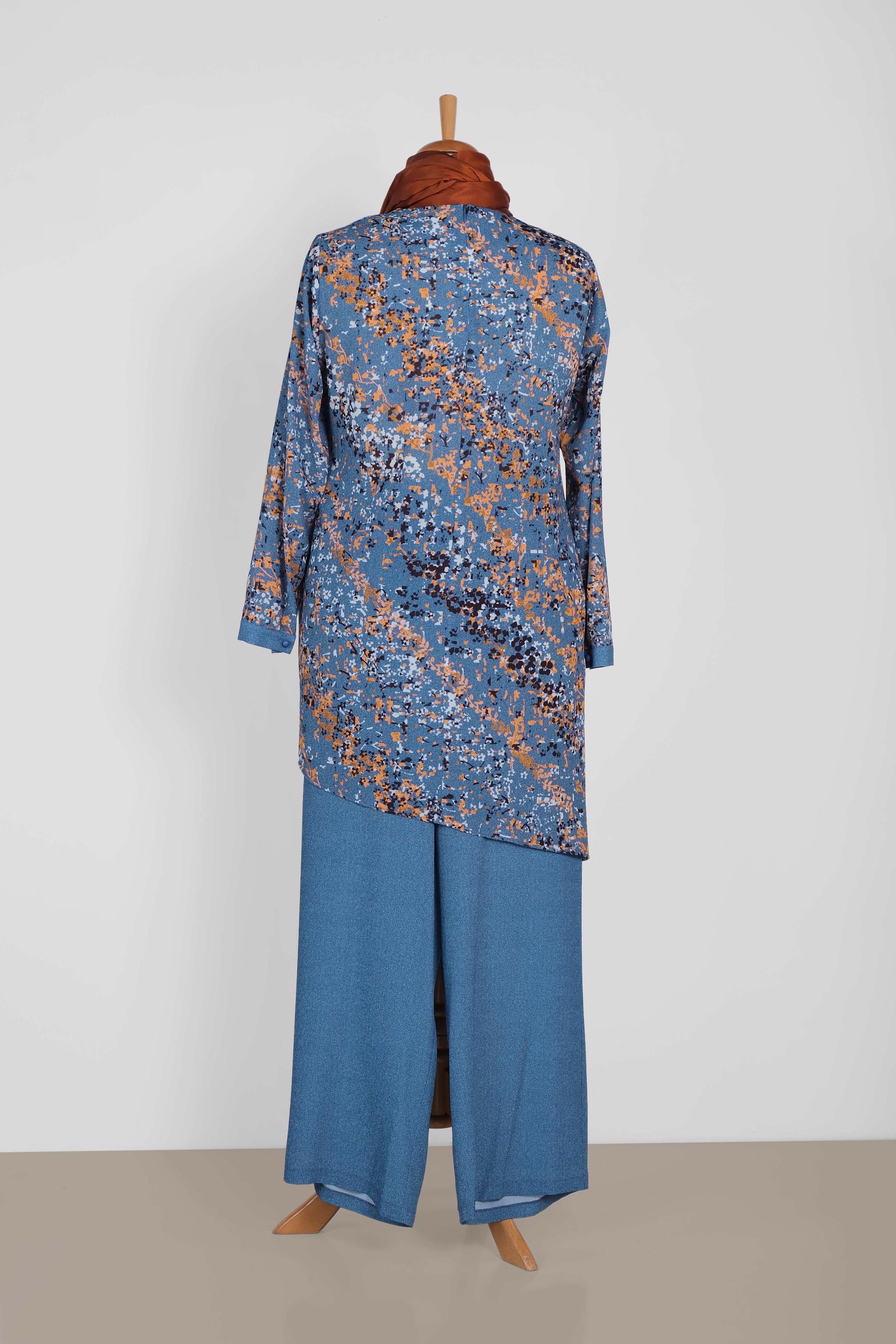 Tesettür giyim LACİVERT ÇİÇEK DESENLİ ASİMETRİK PANTOLONLU TAKIM 2869