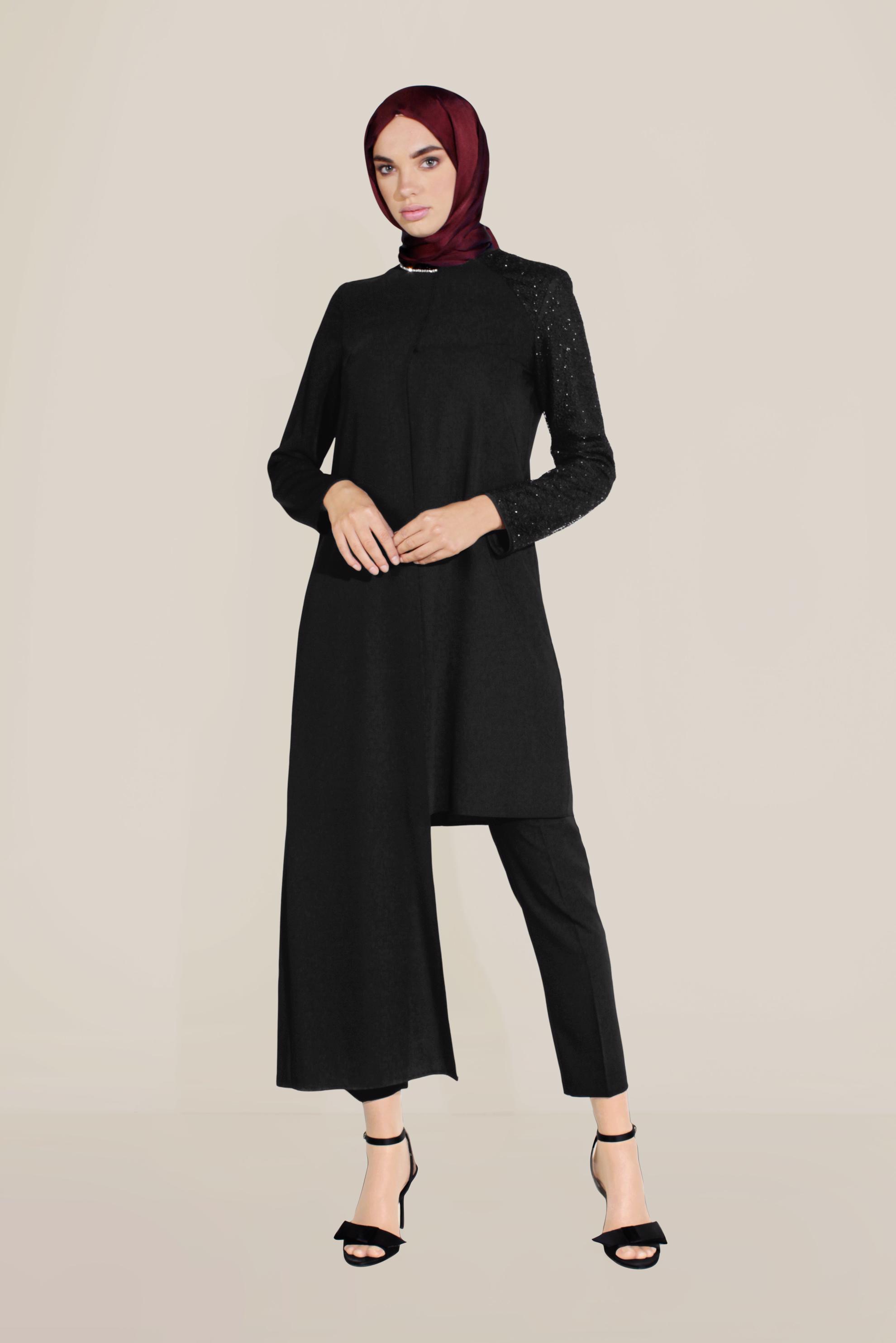 Tesettür giyim SİYAH ASİMETRİK KESİM BONCUK İŞLEMELİ PANTOLONLU TAKIM 30001
