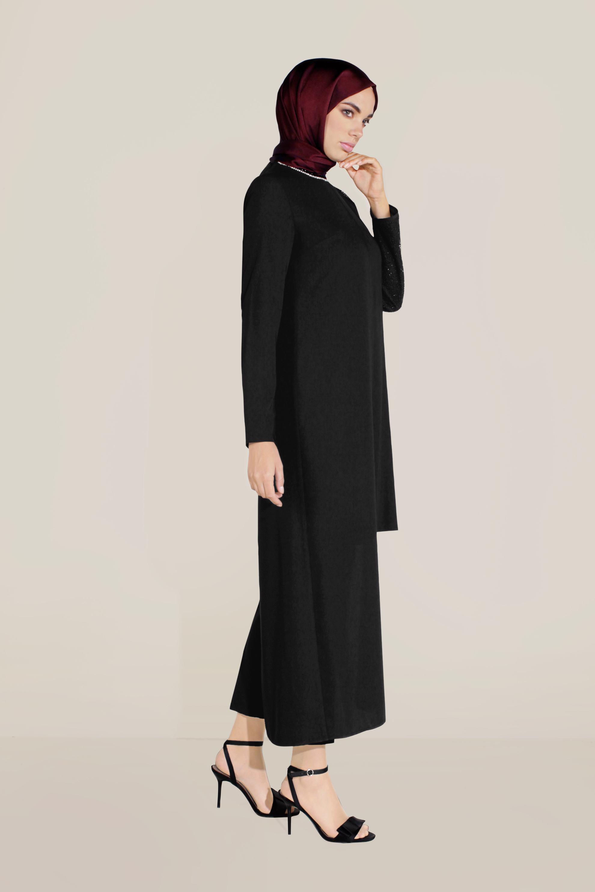 Tesettür giyim SİYAH ASİMETRİK KESİM BONCUK İŞLEMELİ PANTOLONLU TAKIM 30001