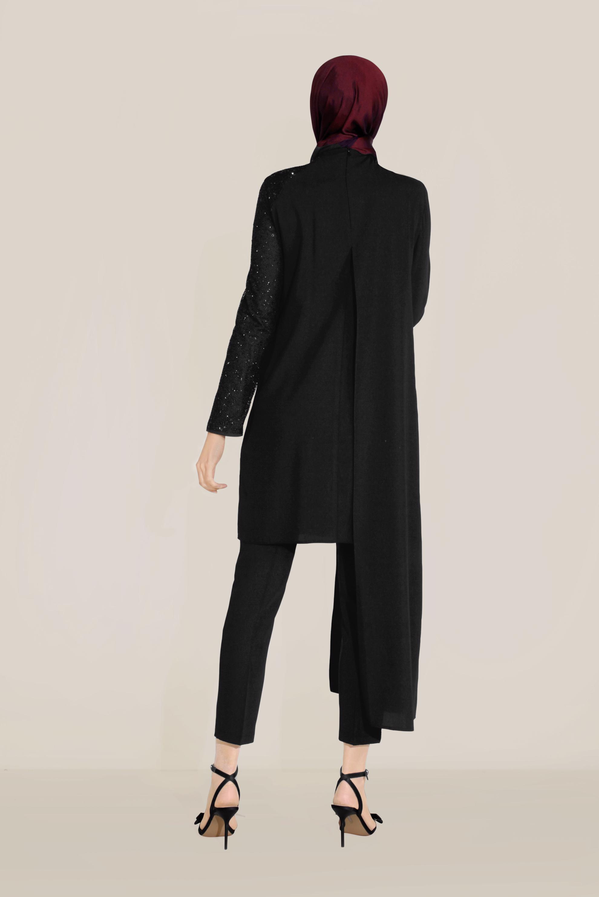 Tesettür giyim SİYAH ASİMETRİK KESİM BONCUK İŞLEMELİ PANTOLONLU TAKIM 30001