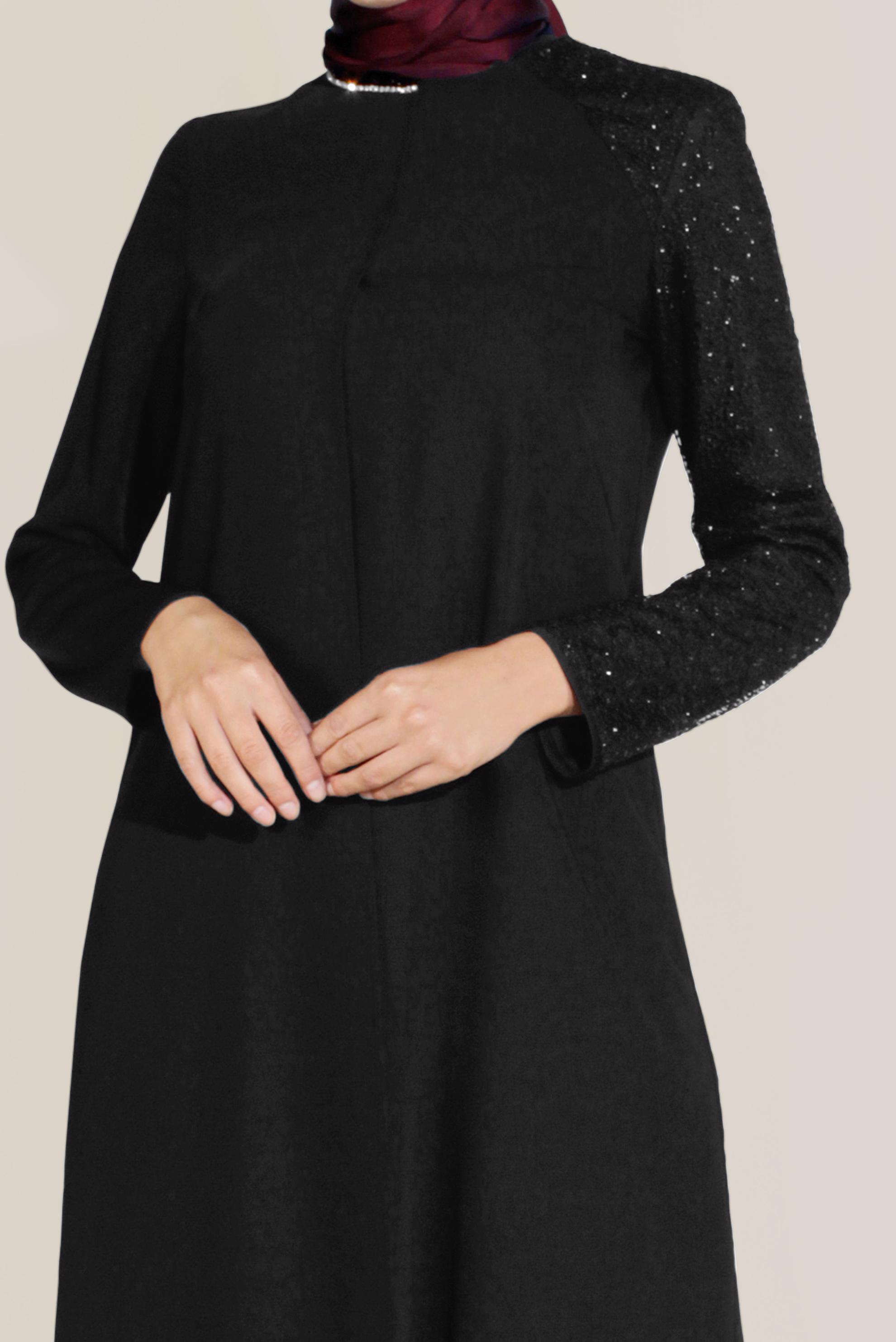 Tesettür giyim SİYAH ASİMETRİK KESİM BONCUK İŞLEMELİ PANTOLONLU TAKIM 30001