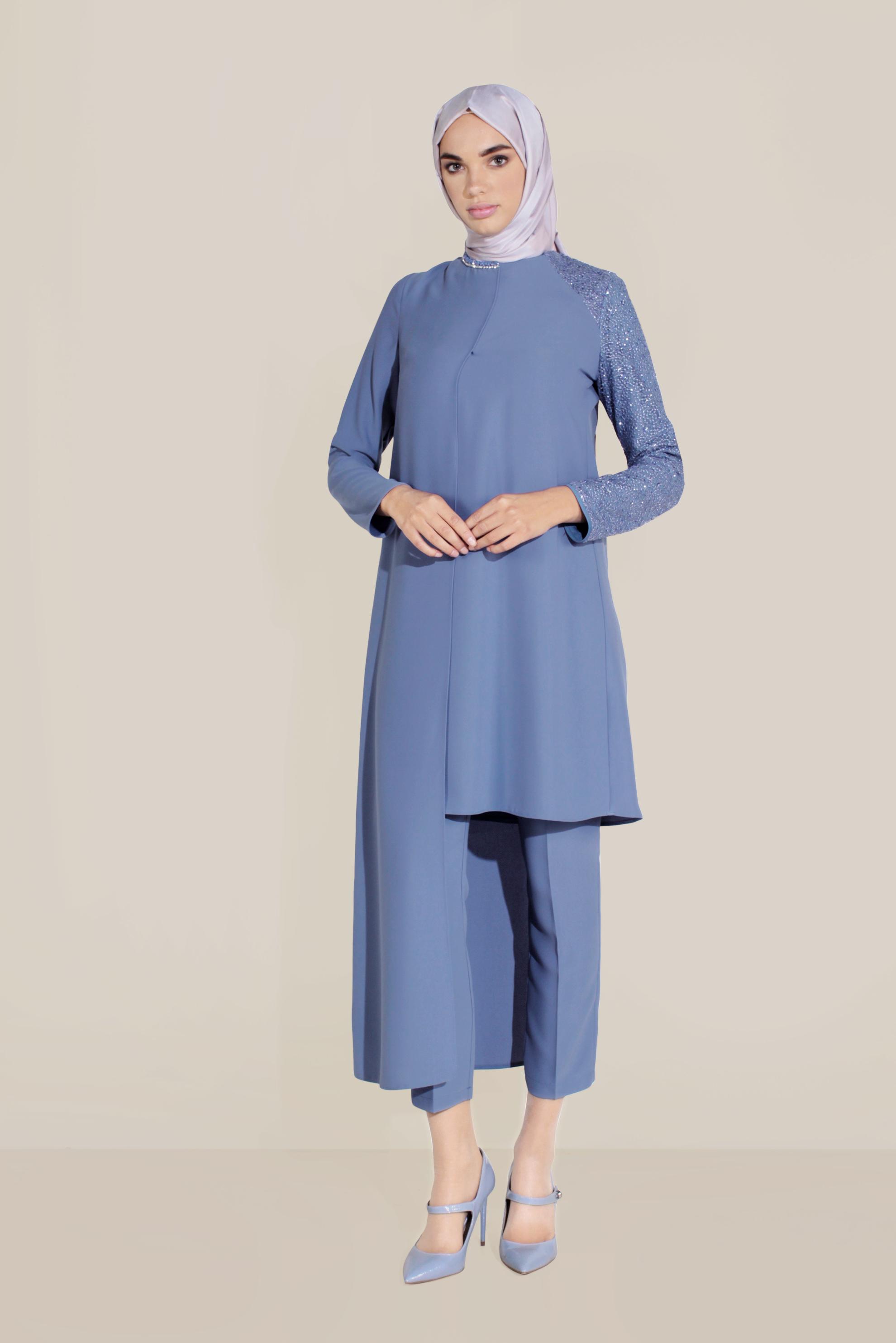 Tesettür giyim LACİVERT ASİMETRİK KESİM BONCUK İŞLEMELİ PANTOLONLU TAKIM 30001