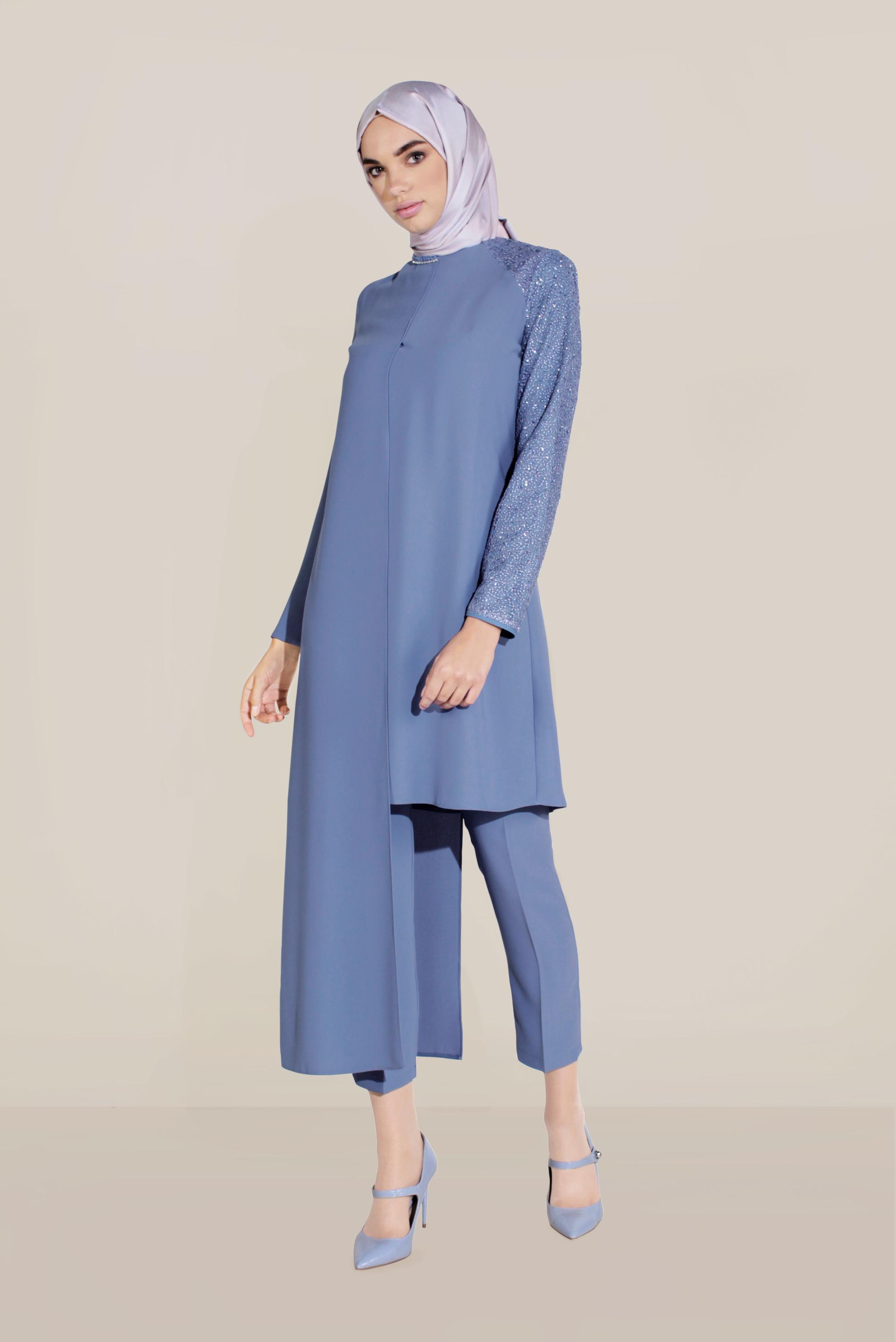 Tesettür giyim LACİVERT ASİMETRİK KESİM BONCUK İŞLEMELİ PANTOLONLU TAKIM 30001