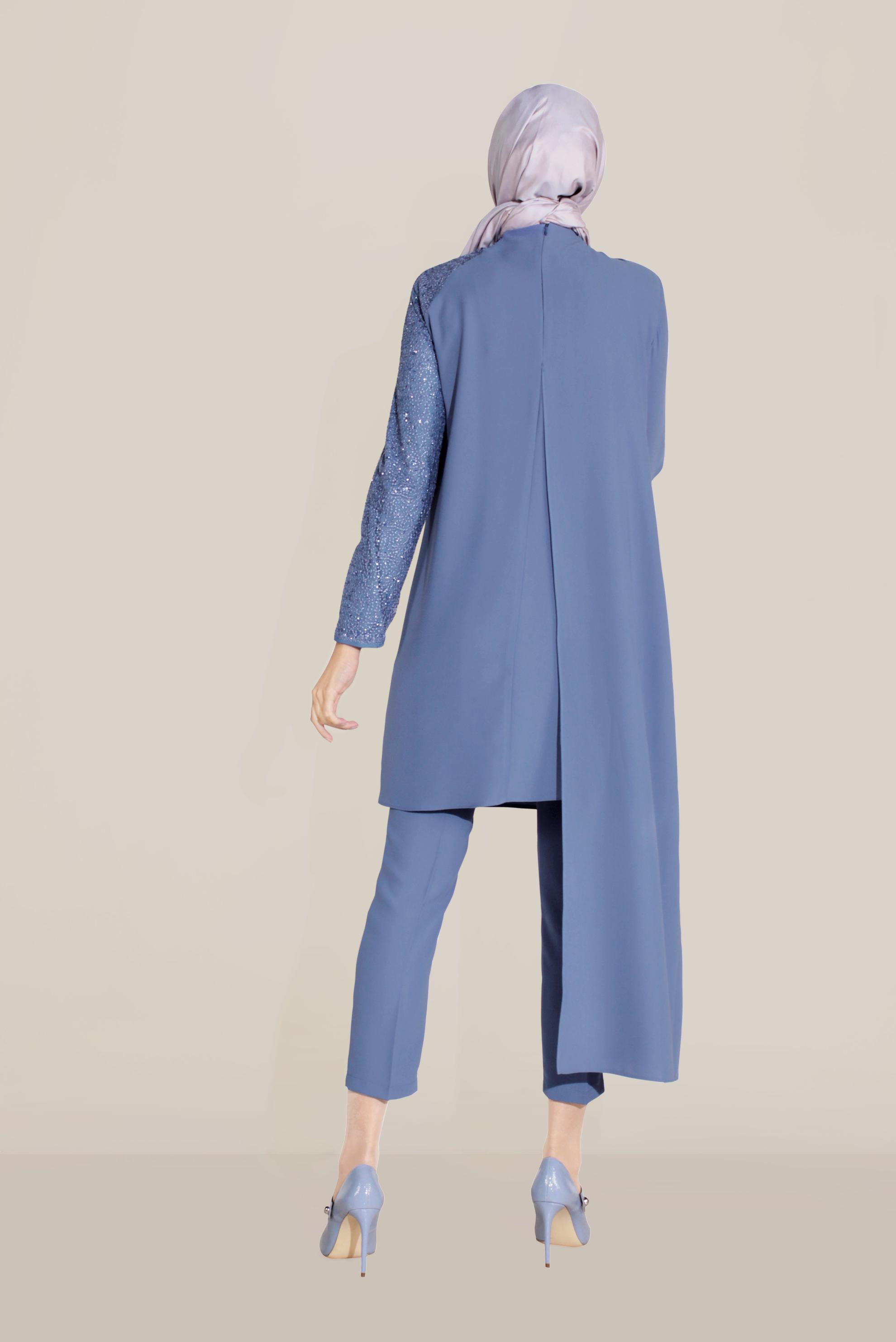 Tesettür giyim LACİVERT ASİMETRİK KESİM BONCUK İŞLEMELİ PANTOLONLU TAKIM 30001