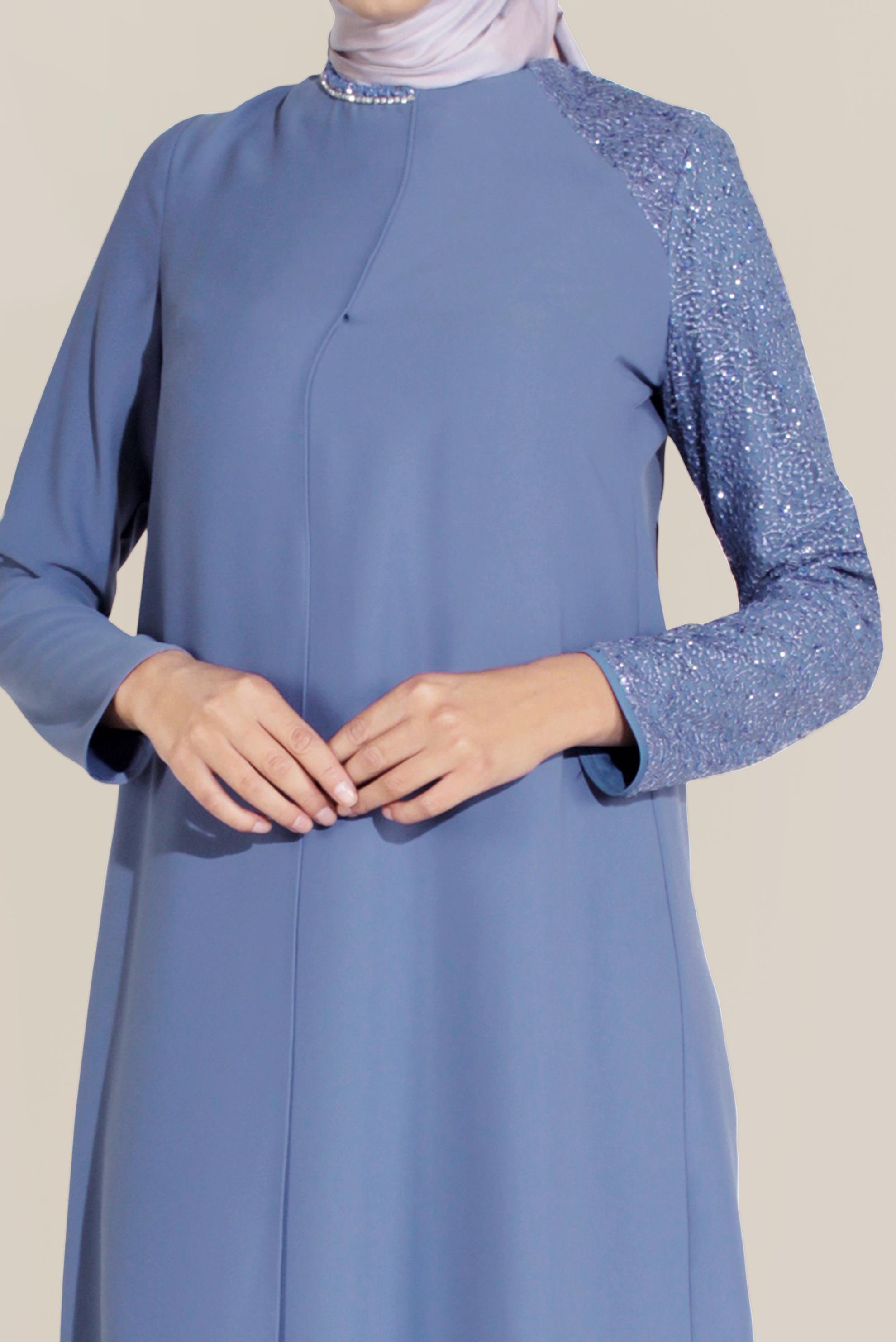 Tesettür giyim LACİVERT ASİMETRİK KESİM BONCUK İŞLEMELİ PANTOLONLU TAKIM 30001