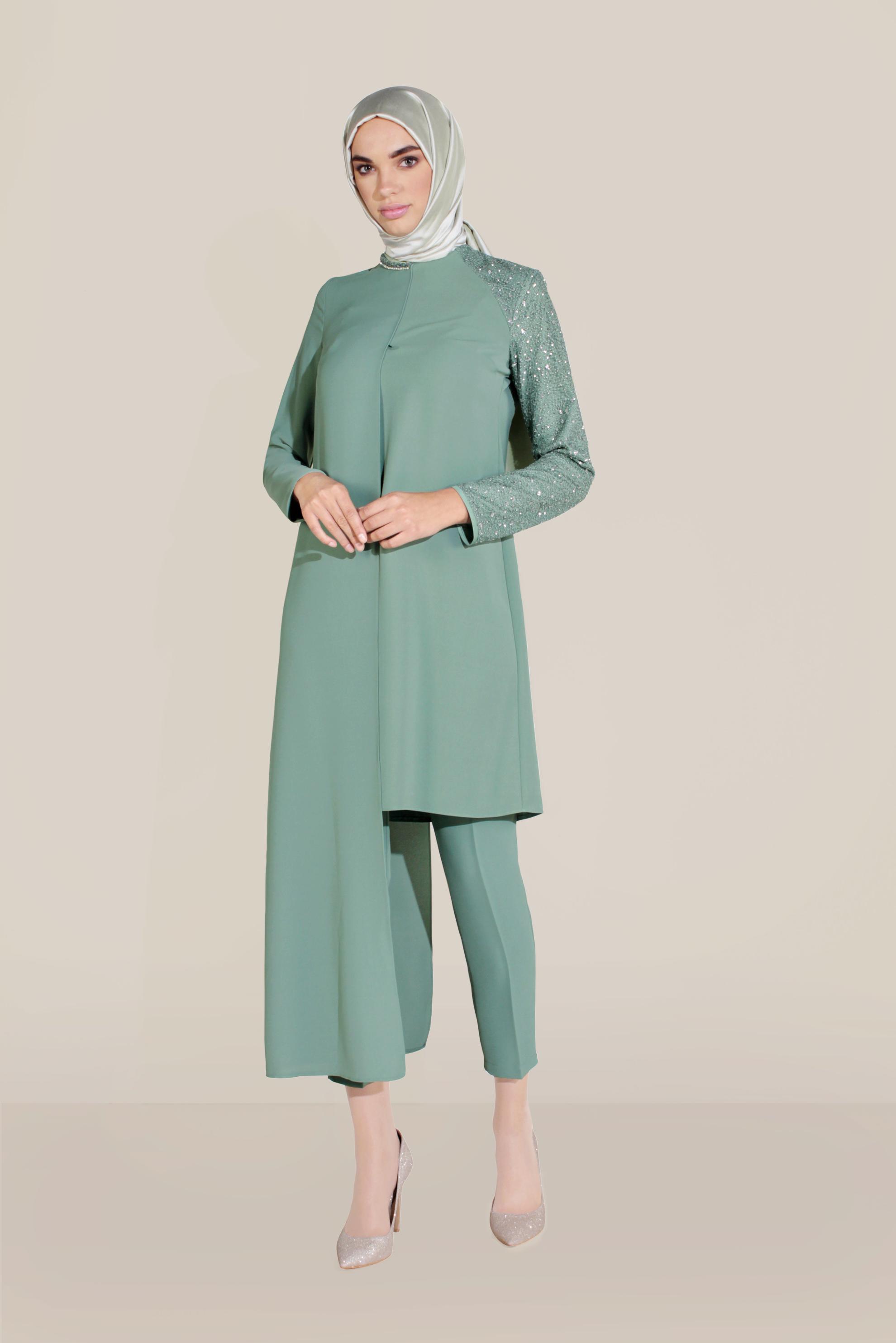 Tesettür giyim YEŞİL ASİMETRİK KESİM BONCUK İŞLEMELİ PANTOLONLU TAKIM 30001