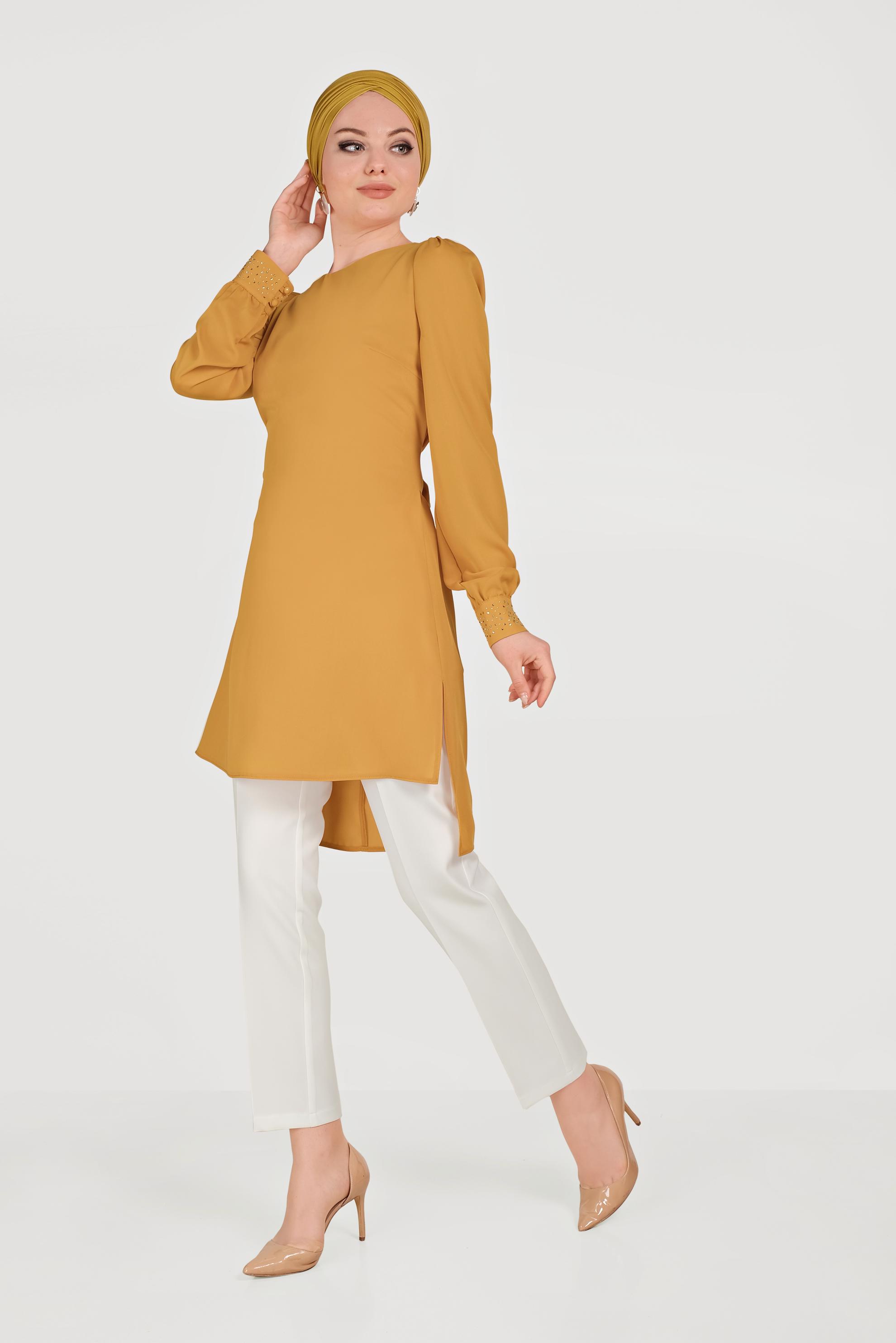 Tesettür giyim SARI SIRT KUŞAKLI PANTOLONLU TAKIM 30003 
