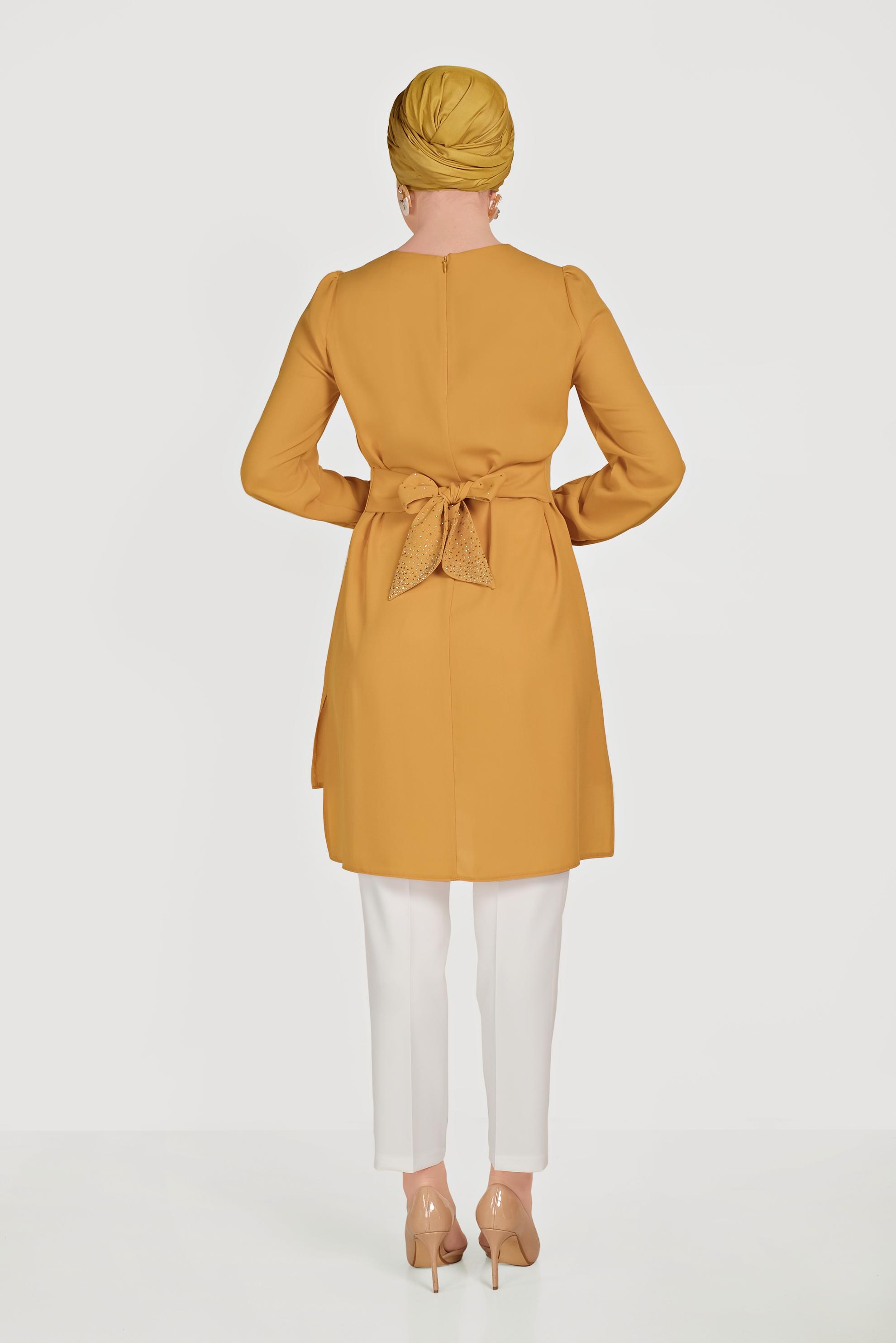 Tesettür giyim SARI SIRT KUŞAKLI PANTOLONLU TAKIM 30003 