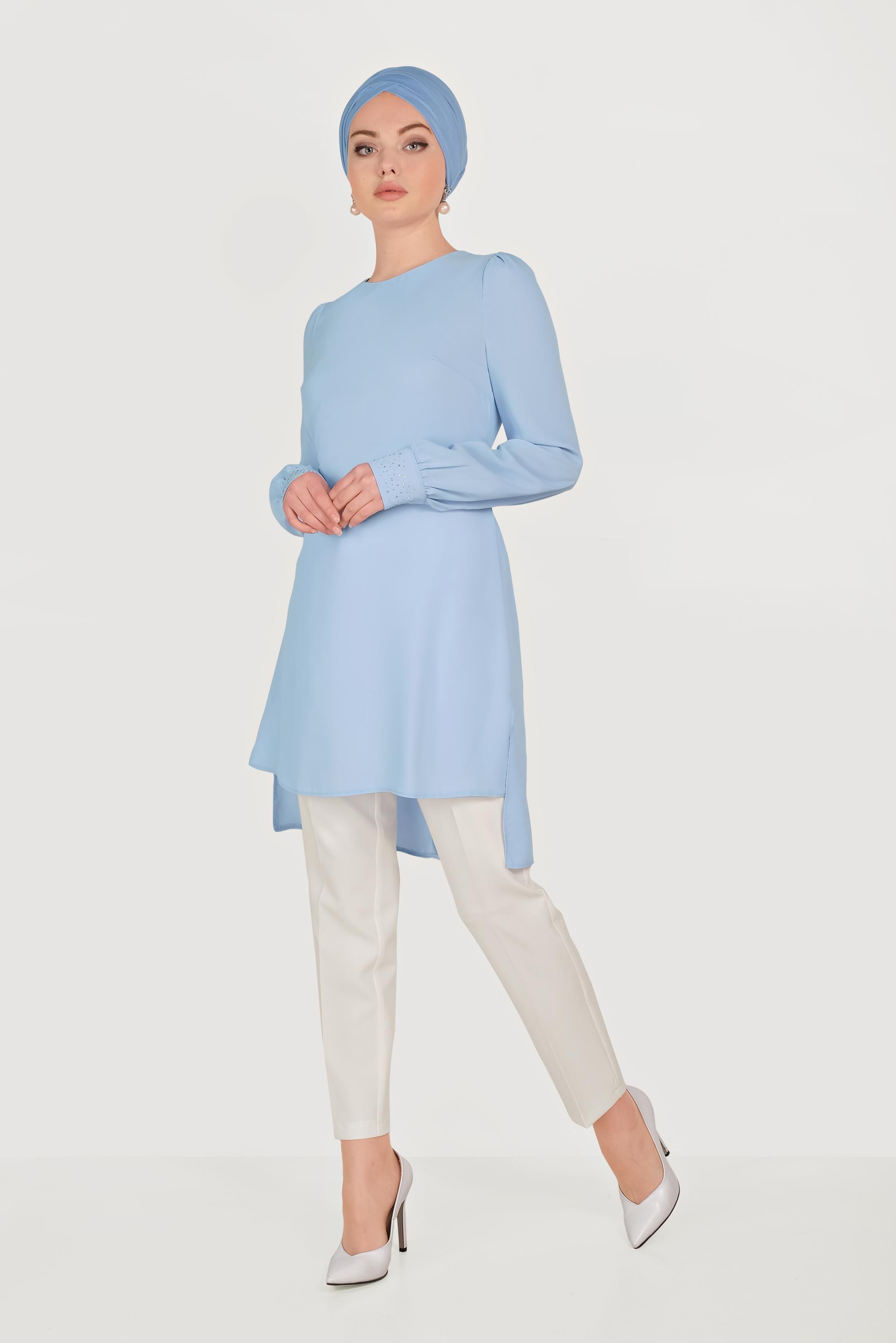 Tesettür giyim MAVİ SIRT KUŞAKLI PANTOLONLU TAKIM 30003 