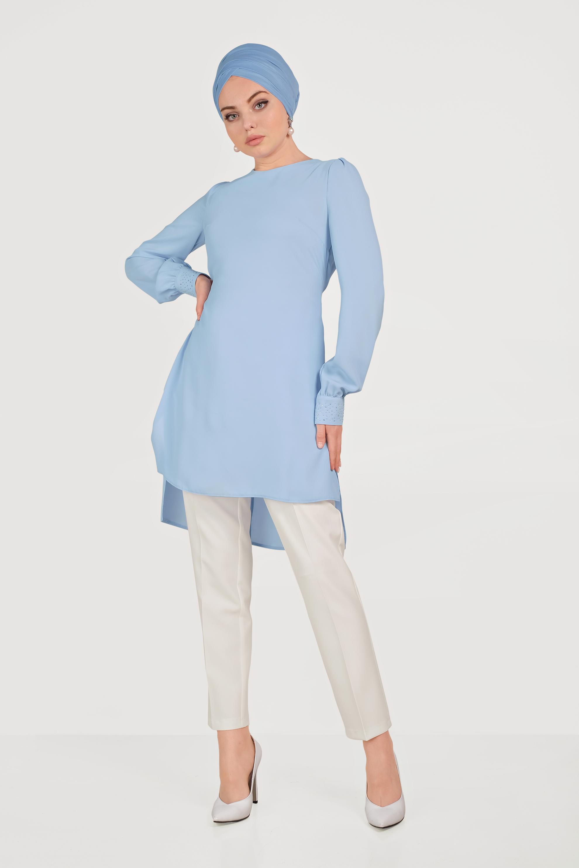 Tesettür giyim MAVİ SIRT KUŞAKLI PANTOLONLU TAKIM 30003 