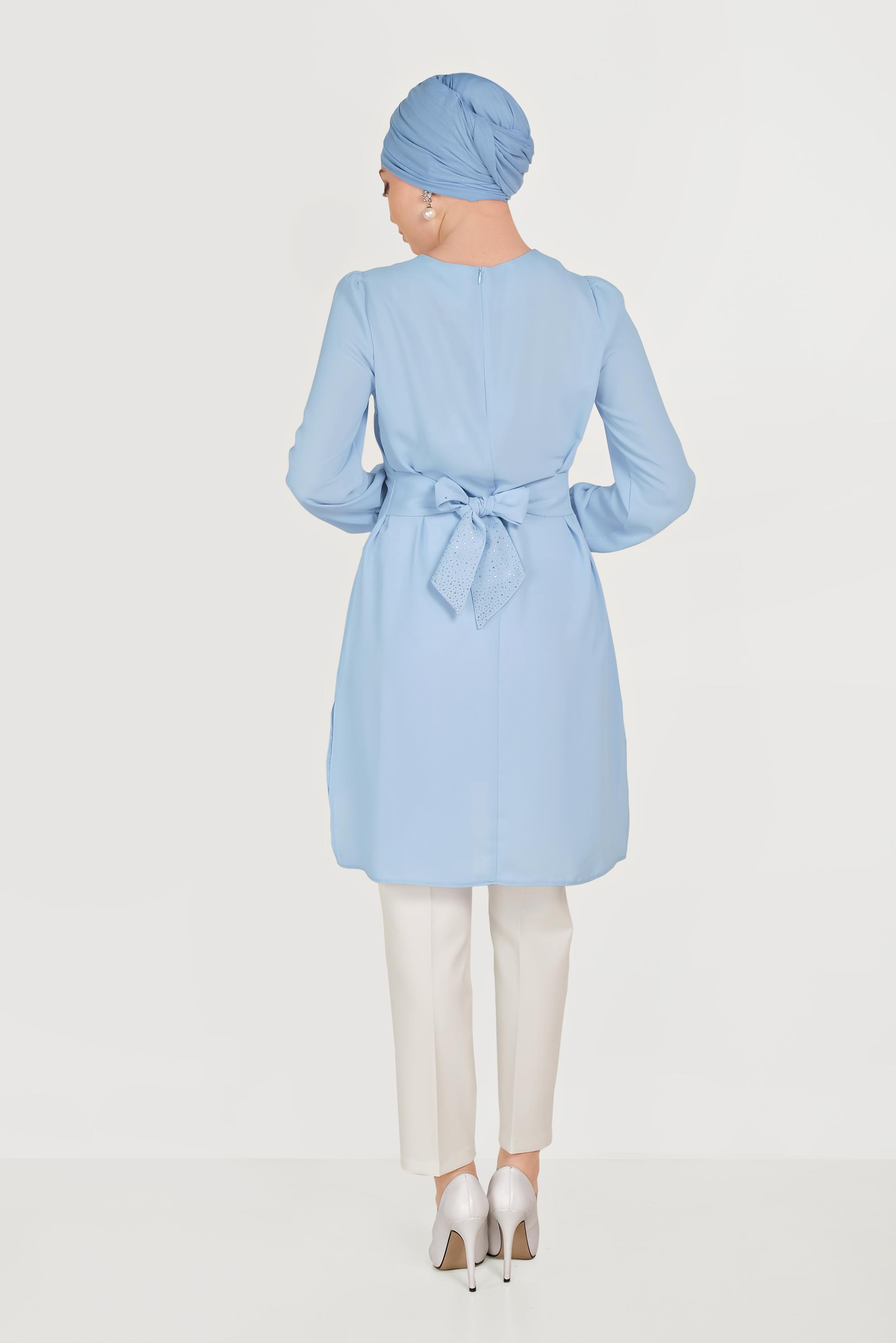 Tesettür giyim MAVİ SIRT KUŞAKLI PANTOLONLU TAKIM 30003 