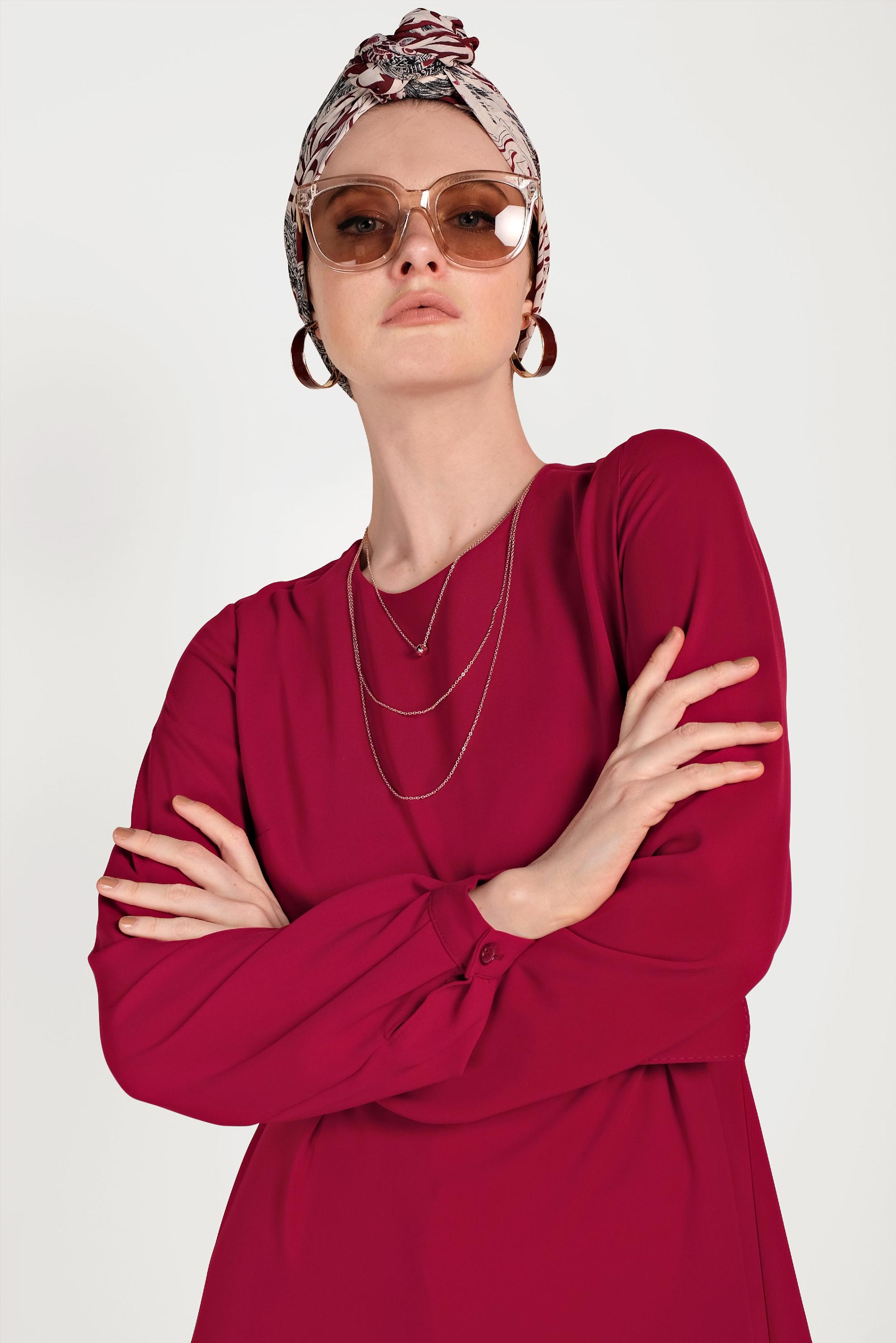 Tesettür giyim BORDO ASİMETRİK KESİM İKİLİ PANTOLONLU TAKIM 30004