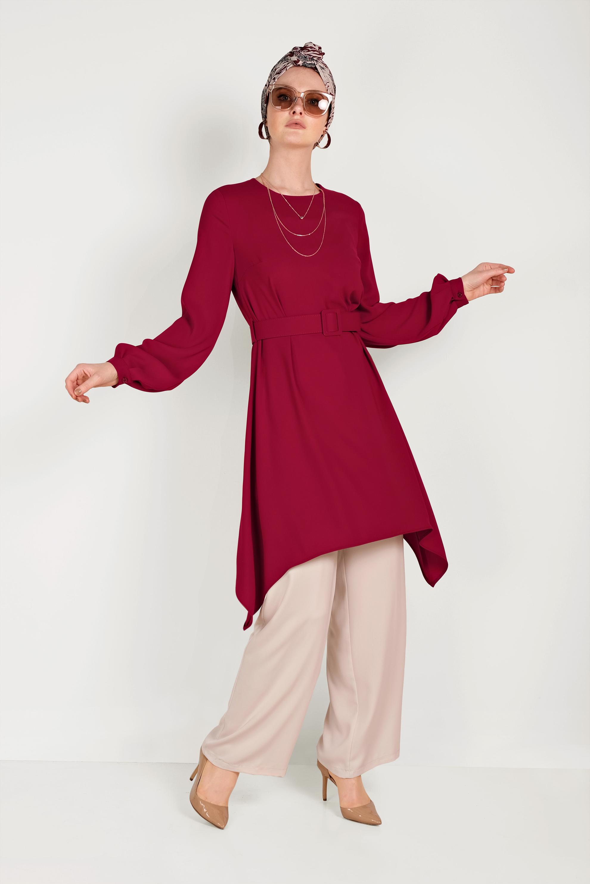 Tesettür giyim BORDO ASİMETRİK KESİM İKİLİ PANTOLONLU TAKIM 30004